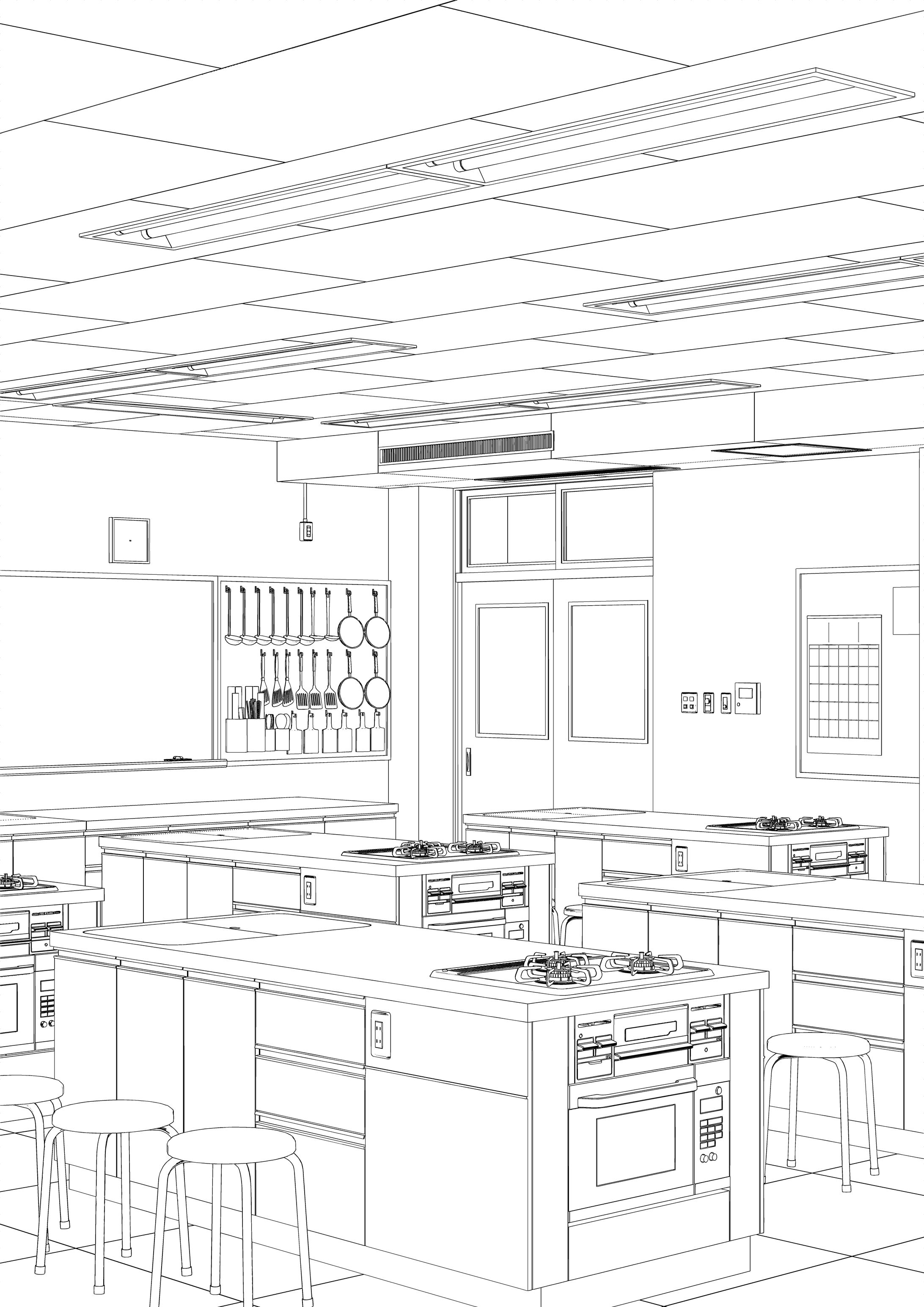 「調理実習室」漫画背景用3Dモデル-1