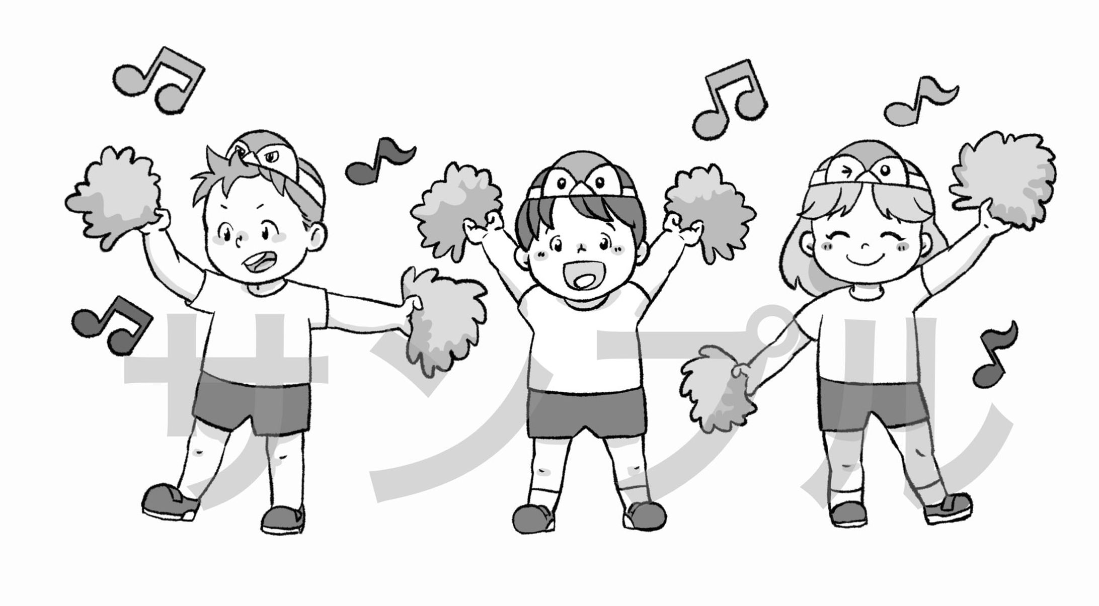 みんなでお遊戯☆運動会のモノクロイラスト-1