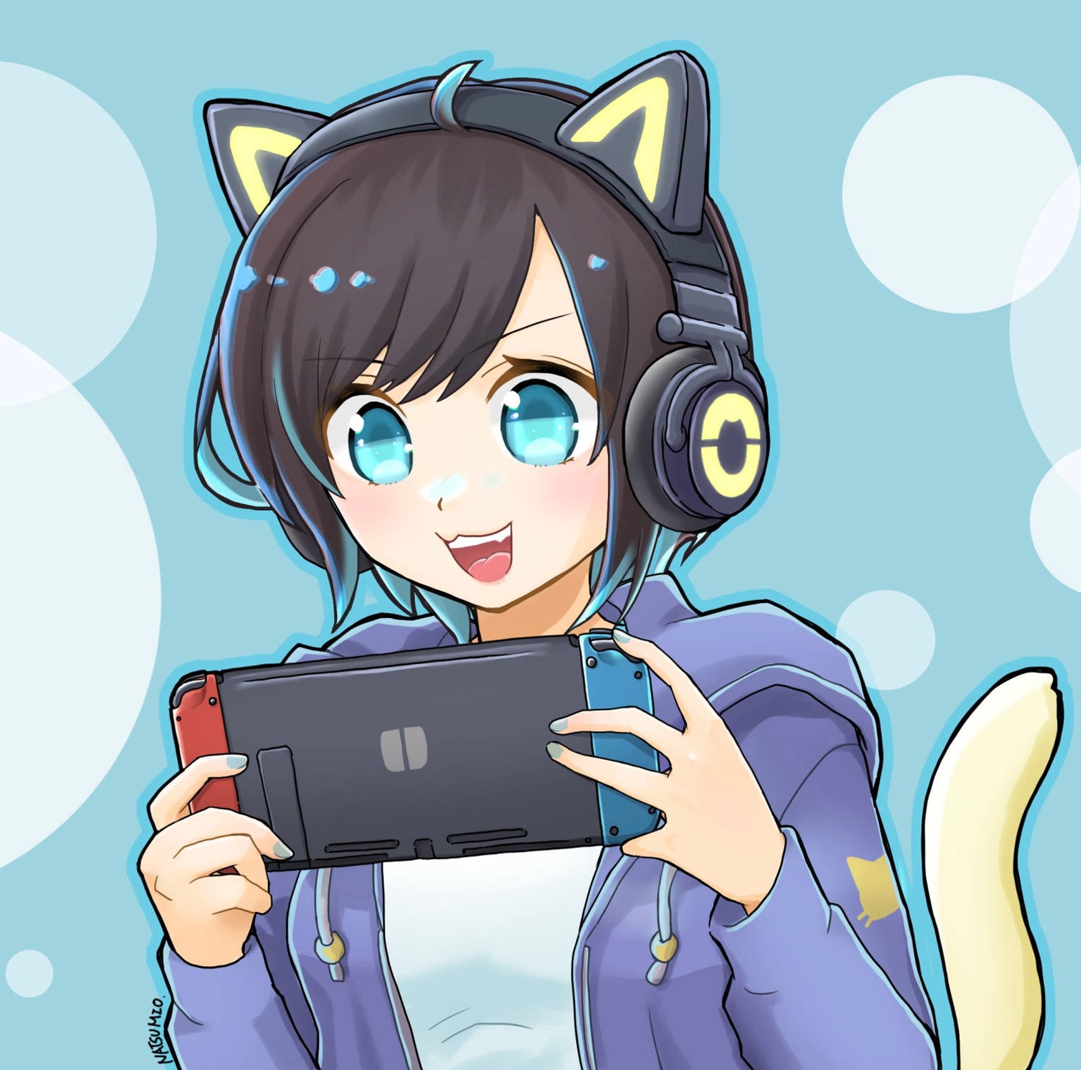 Switch中の猫耳ヘッドホン女子-1