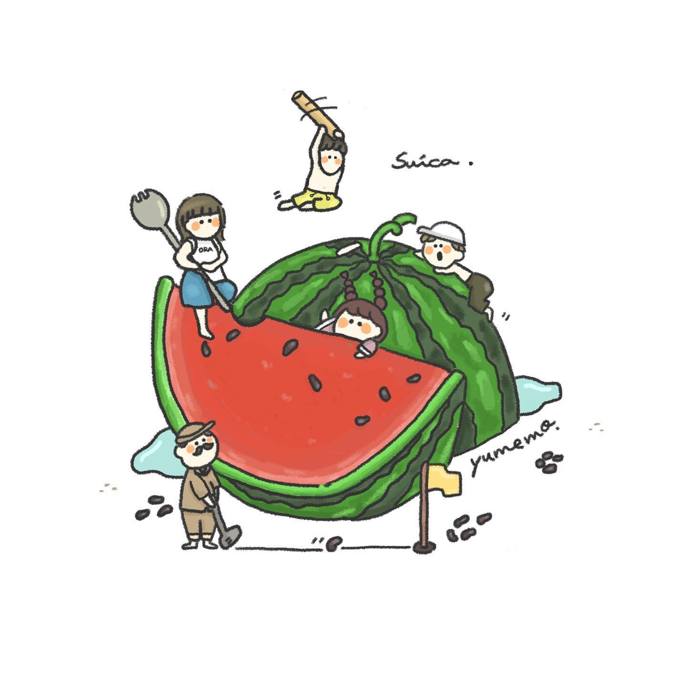 【イメージイラスト】スイカ割りの小人-1