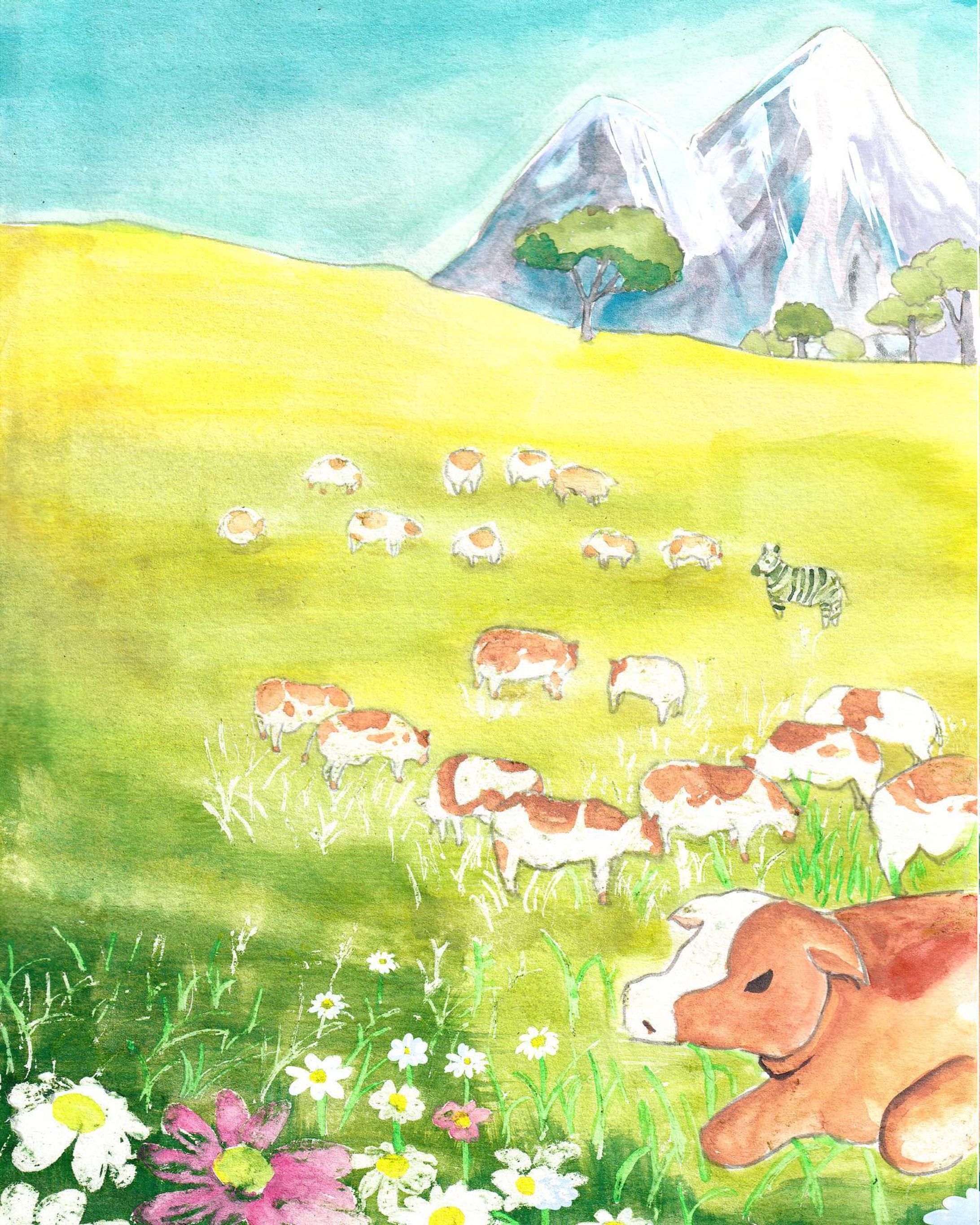 高い山の澄んだ空気を胸いっぱいすいこむと、ルーシーはアルプスのお姫様になったような気持ちがしました。

はらっぱにはたくさんの牛たちがいます。

『あ、モモ！！』

創作絵本より抜粋

#絵本
#イラスト
#絵本のある暮らし 
#picturebook 
#創作絵本
#シマウマ
#旅行記-1