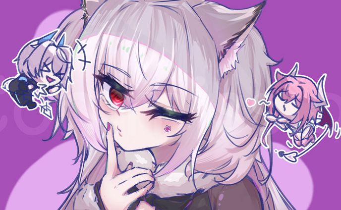 (Commission) White hair girl with beast ears and her friends
