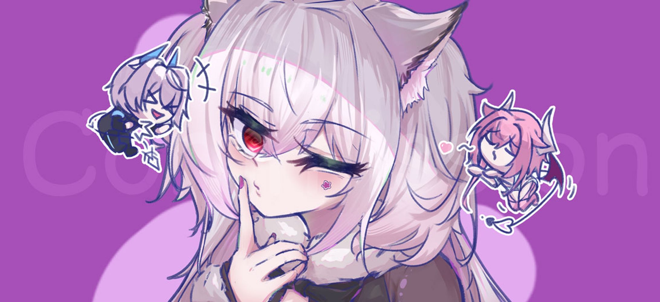 (Commission) White hair girl with beast ears and her friends-1