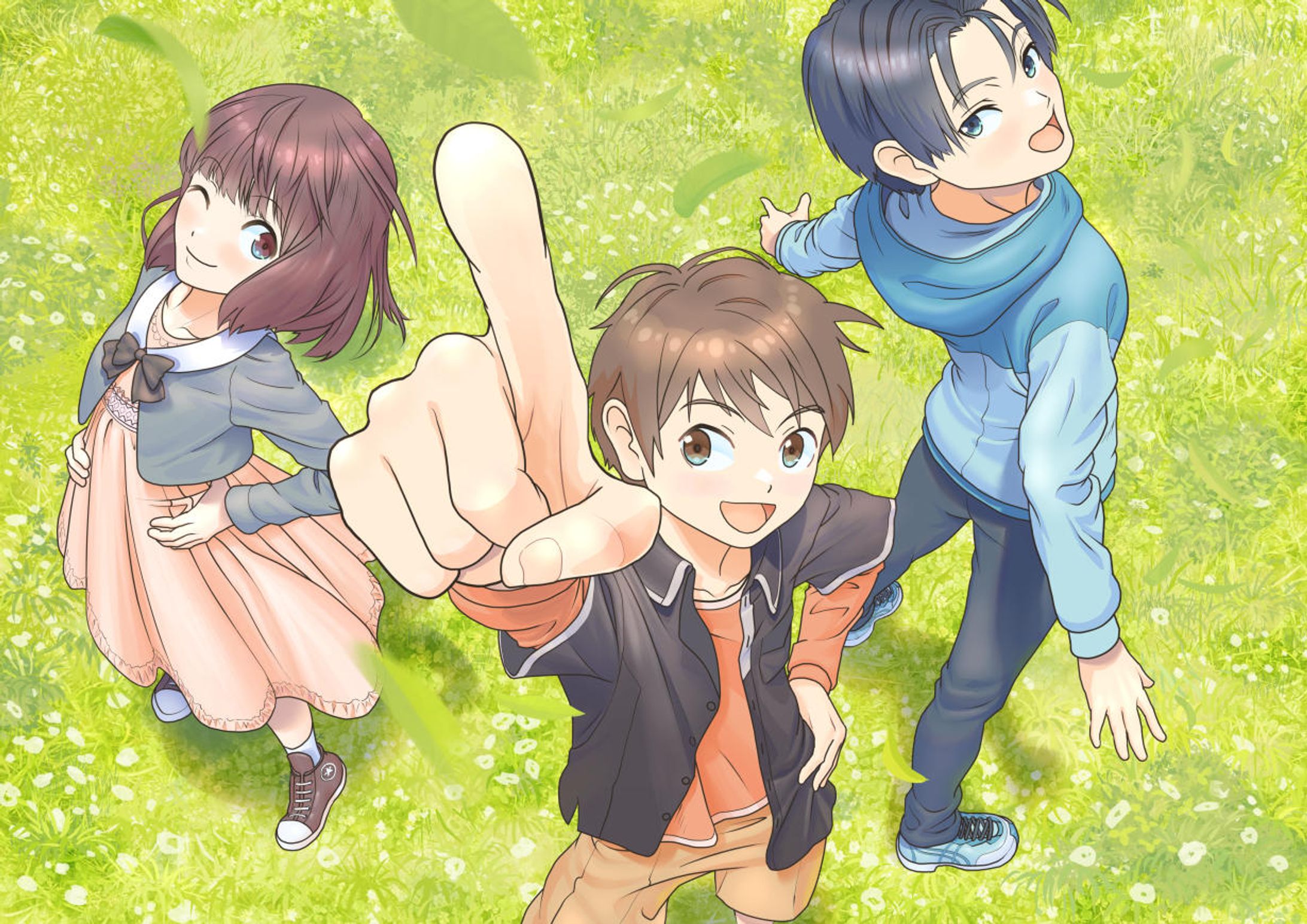 「指差しポーズの元気な小学生達」-1