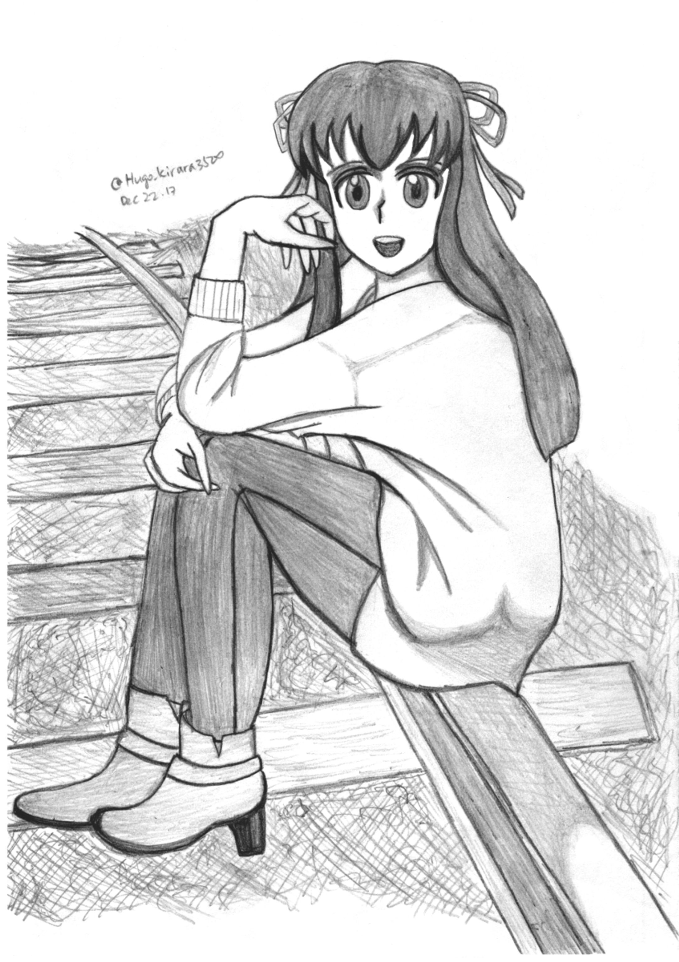 (Pencil drawing) (Fanart) Minagi sitting on railway track-1