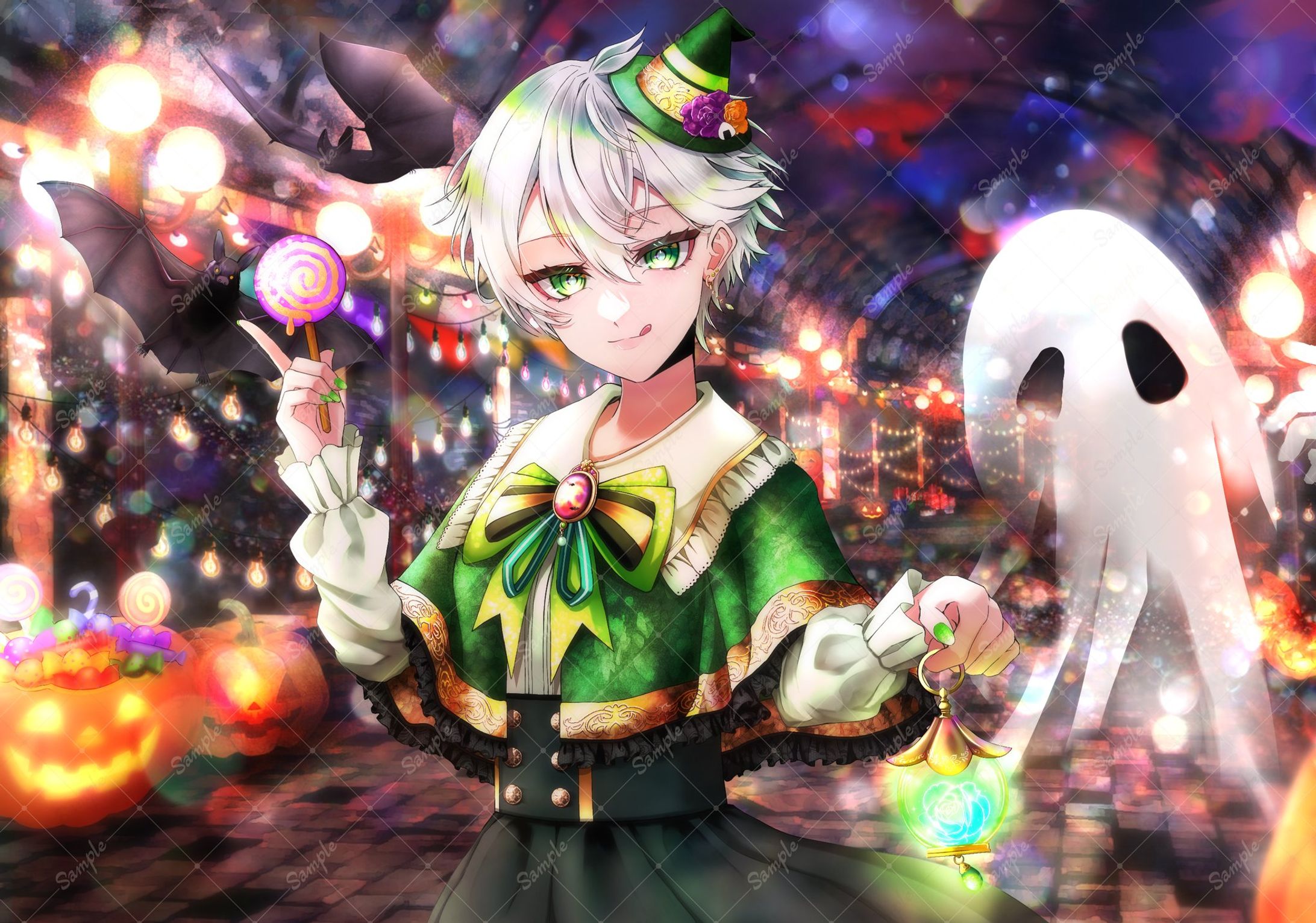 白髪Vライバー様のハロウィンイラスト-1