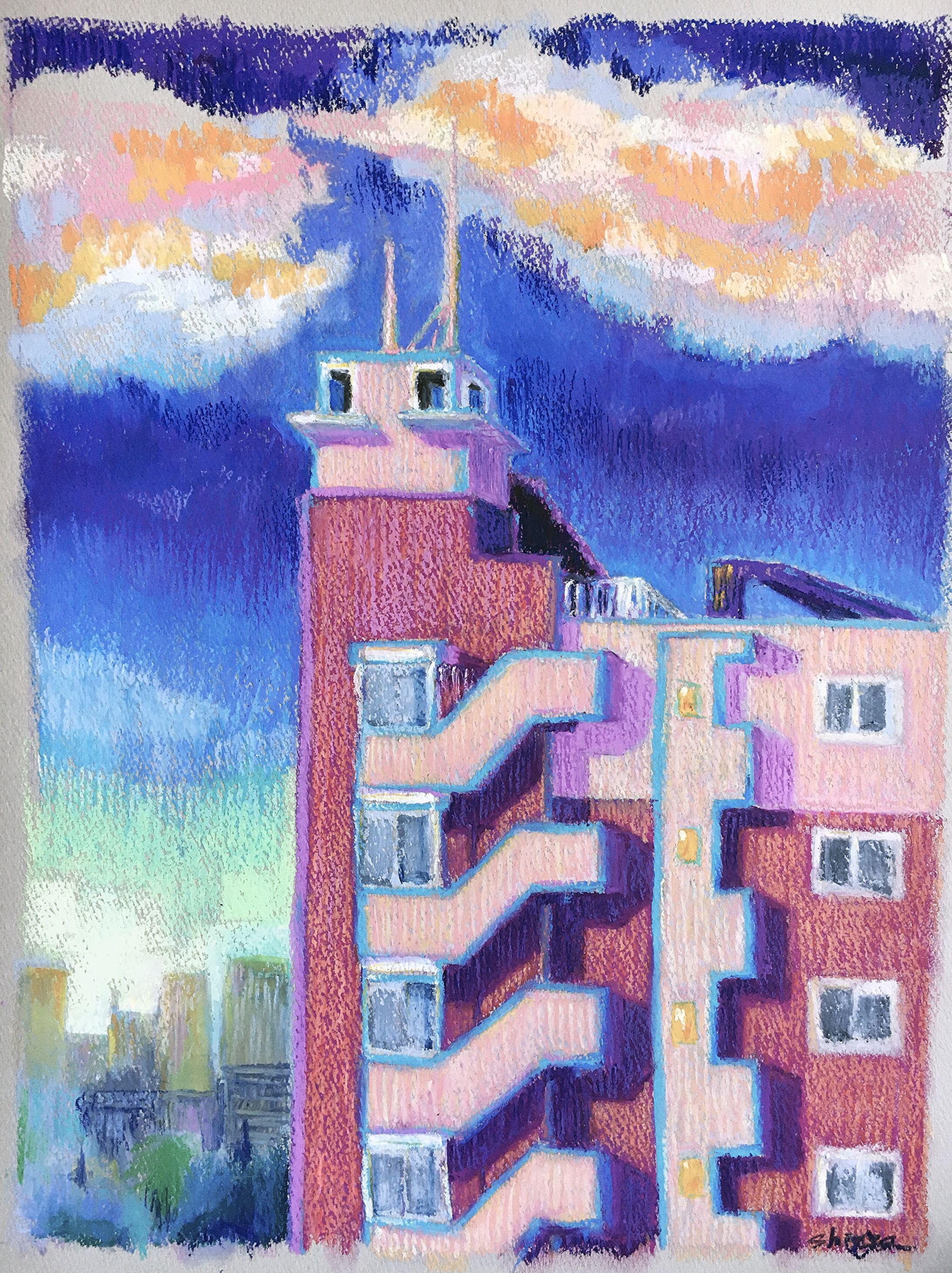 An apartment building in the evening sun: 夕景　建物-1