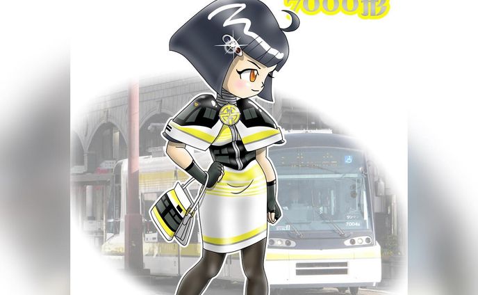 擬人化シリーズ、市電・市バス擬人化。
こちらは鹿児島市電7000形ユートラムⅡを擬人化した作品です。
2007年導入、1000形に続く超低床バリアフリー電車の第二世代です。
車両5両編成で運転・動力台車×2・フローティング低床客車×2、中間台車の編成です。局章は黄色地にシルバー。
これはお気に入りキャラクターのひとりです。実車でも運転台車の黒いところ、特に頭のラインが好きなんですよねぇ。
ということで、どうしても頭のライン（に、似せた髪型）を描きたかったのでこのキャラは唯一横顔になってます。
それだけでは飽き足らず、両肩にも運転台車を乗せましたｗ※一応ボレロです。
ヘアピンは3連ヘッドライトユニット、中間台車型のハンドバックを持ってるところが好きです。このバック売れそうじゃないですか（笑）
ちなみに電車キャラの瞳の色なんですが、これは方向幕の色で青＝1系統、赤＝2系統、7000形はオレンジ色のLEDなので、瞳の色はオレンジです。

#miyakenne #擬人化市電バス #各キャラ詳細解説

#kagoshima_art #サムシング5周年 #イラスト ＃ギャラリー #鹿児島 #天文館