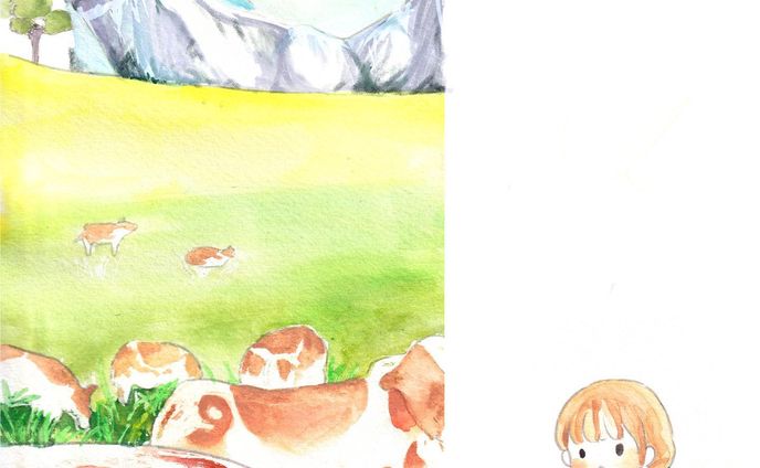 高い山の澄んだ空気を胸いっぱいすいこむと、ルーシーはアルプスのお姫様になったような気持ちがしました。

はらっぱにはたくさんの牛たちがいます。

『あ、モモ！！』

創作絵本より抜粋

#絵本
#イラスト
#絵本のある暮らし 
#picturebook 
#創作絵本
#シマウマ
#旅行記