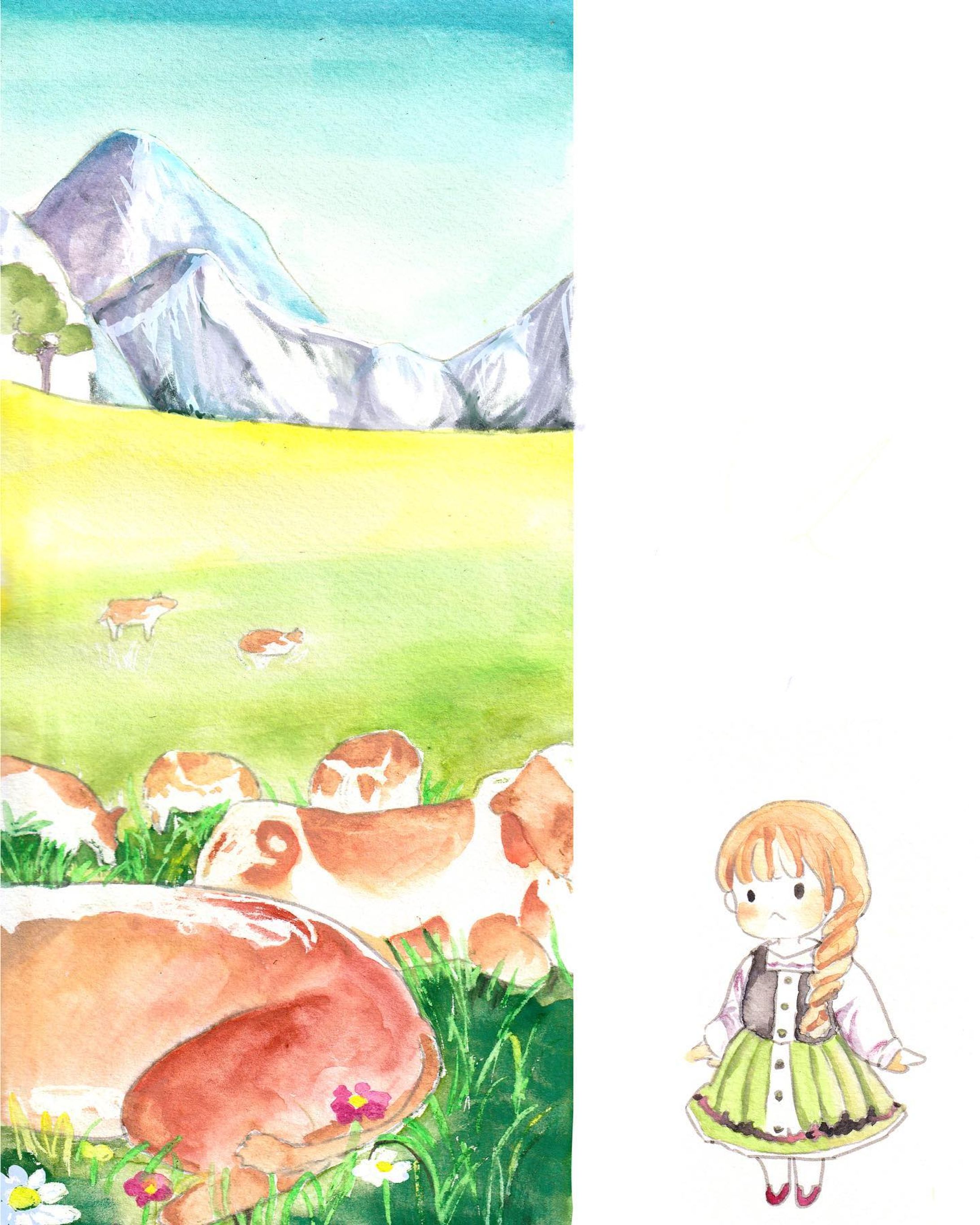 高い山の澄んだ空気を胸いっぱいすいこむと、ルーシーはアルプスのお姫様になったような気持ちがしました。

はらっぱにはたくさんの牛たちがいます。

『あ、モモ！！』

創作絵本より抜粋

#絵本
#イラスト
#絵本のある暮らし 
#picturebook 
#創作絵本
#シマウマ
#旅行記-1