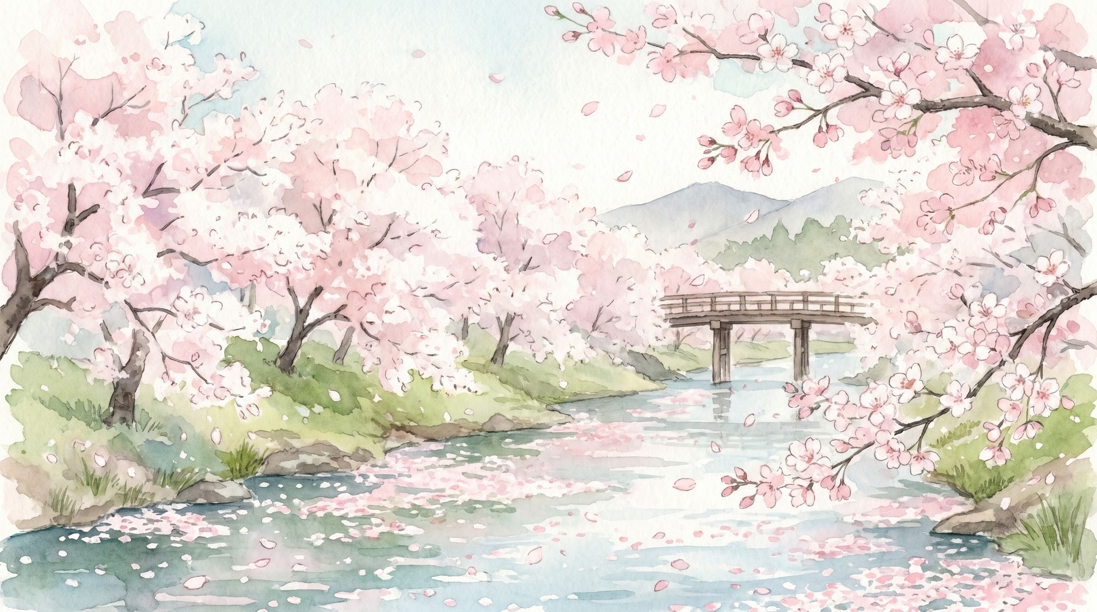 【水彩画風】季節を感じる自然景観（桜と川）-1