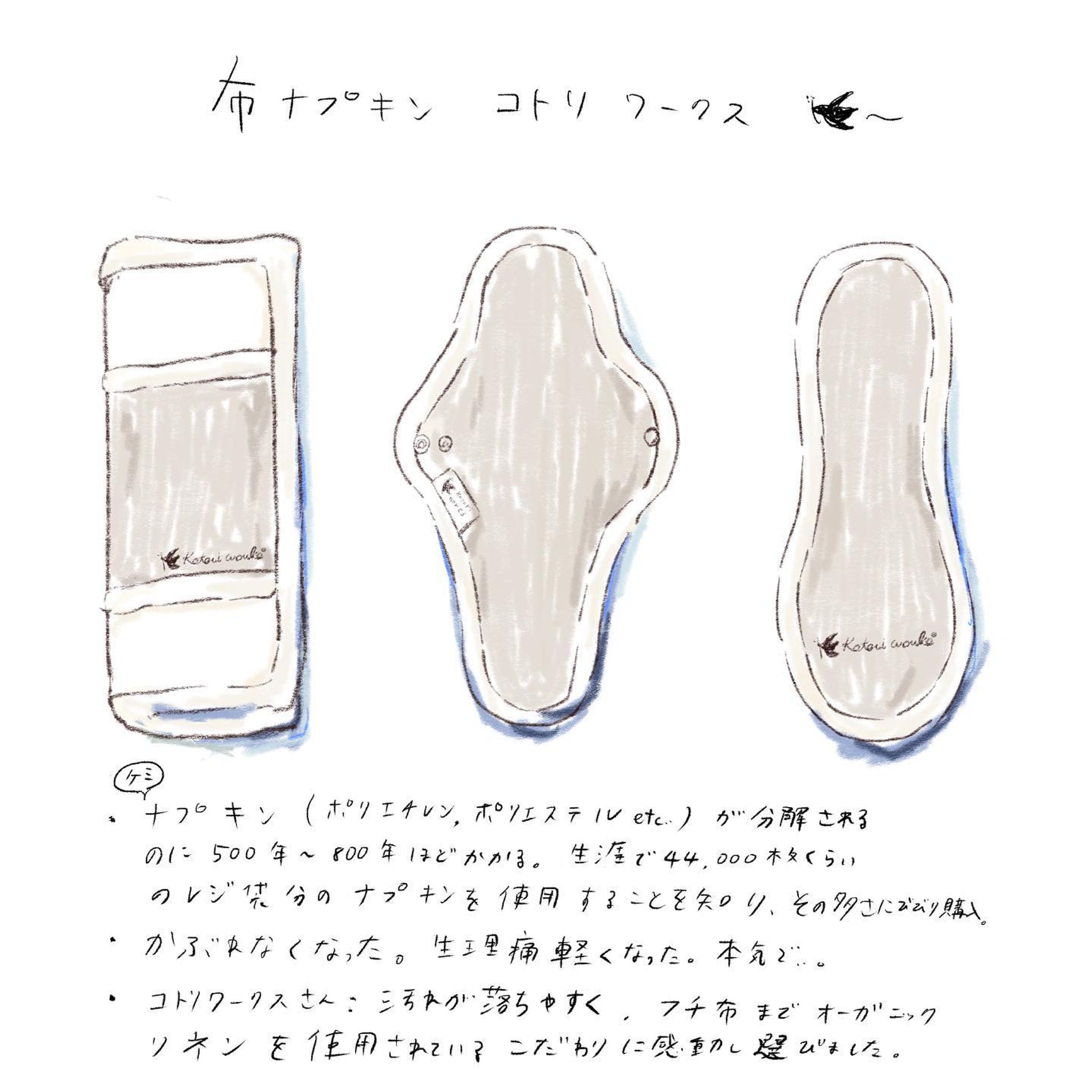 勝手に昨年買ってよかったモノコーナー①

コトリワークスさんの布ナプキン 🕊

コトリワークスさんの布ナプキンは、生地や製法のこだわりはもちろん、汚れが落ちやすいという評判もあり、購入してみました。専用洗剤もついてきます。付け置きしてから洗ったら、本当に汚れが落ちて、洗い物の手間はほとんど感じませんでした。全くPRとかでは無いのですが、ずっと気になっていたのですが中々買うに至らず、今回失敗してもいいや！という気持ちでお試しキット購入してみて良くて、追加購入したので、気になっていた方もしいたら絶賛お勧めする！！という気持ちで描きました😳

#コトリワークス
#日々の暮らし
#シンプルイラスト
#ほっこり
#北欧好きさんと繋がりたい
#sdgsjapan 
#エコな生活 
#エコ
#布ナプキン
#ケミカルナプキン
#イラスト
#イラストレーター
#挿絵
#装画
#illustration
#artwork
#ファッションイラスト
#ひとり暮らし-1