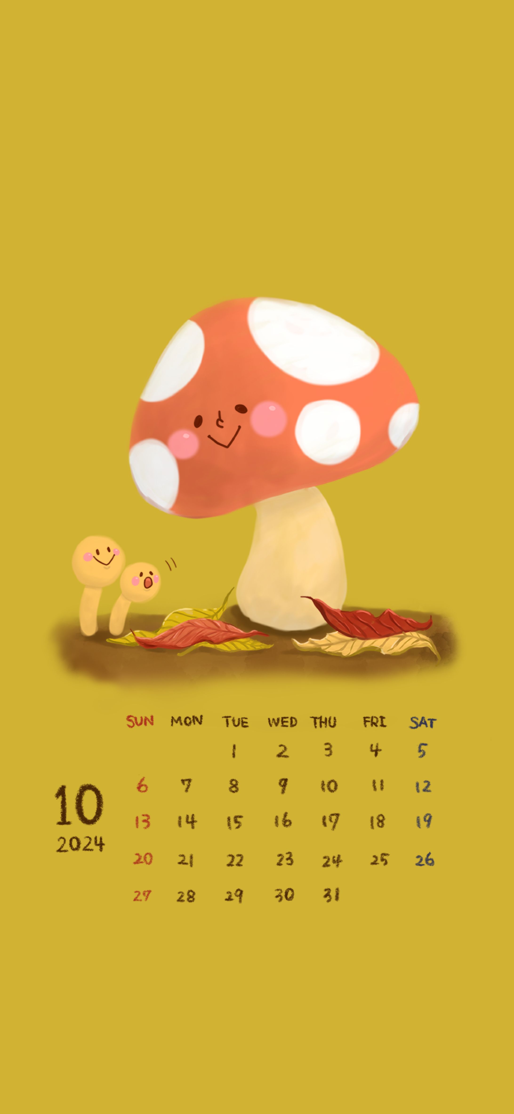 きのこたち待受用 カレンダー（2024年10月）-1