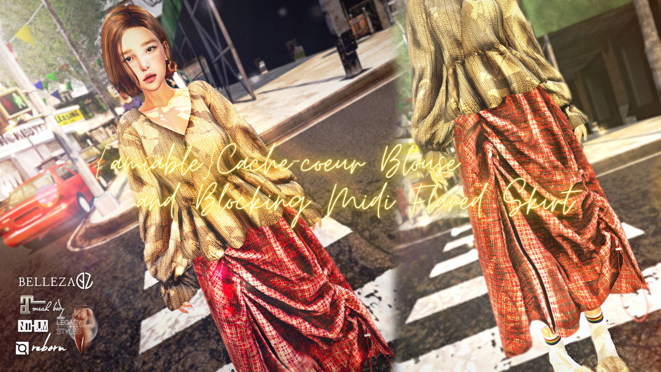 {amiable}Cache-coeur Blouse and Blocking Midi Flared Skirt@the Mainstore(.-1