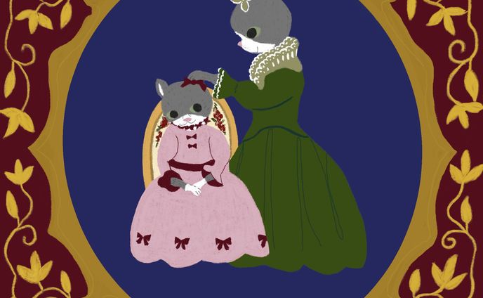 こどものリボンを結ぶ婦人