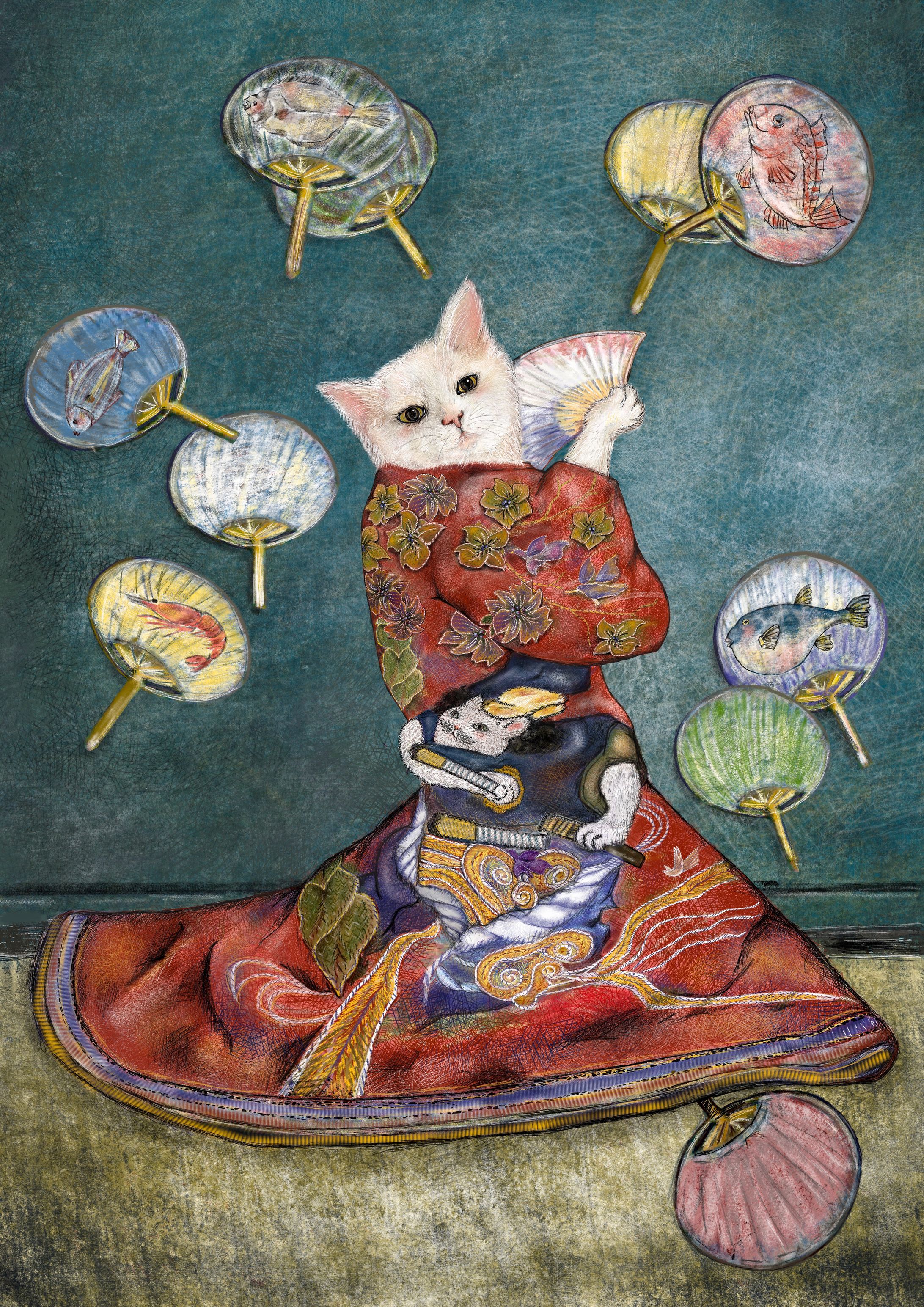 Homage to Claude Monet "La Japonaise" | White Cat in Japanese Kimono Costume -1