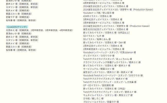 Vtuber関連お仕事実績（2025/4/16時点）
