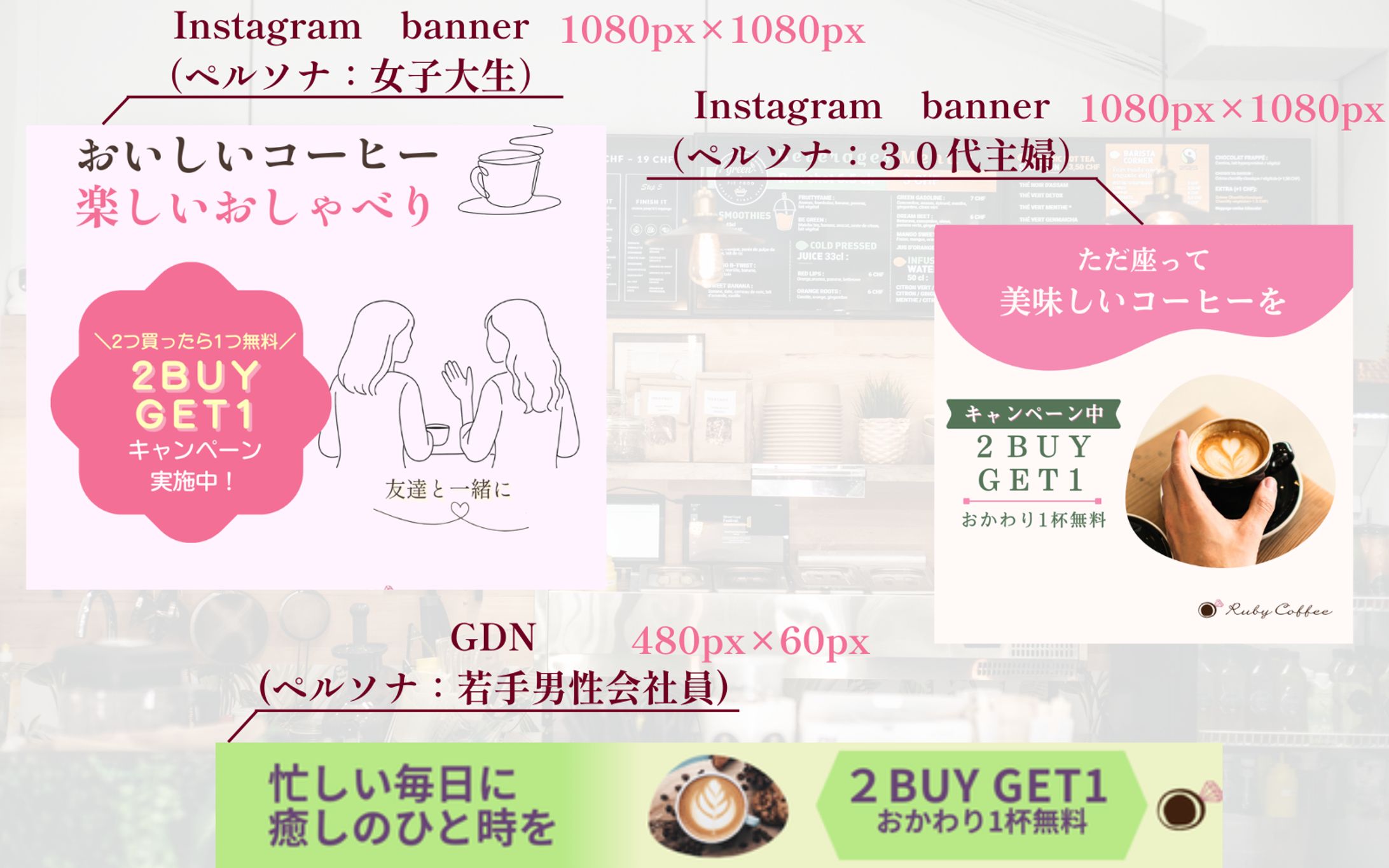 【HerTech架空案件】カフェ新店オープンキャンペーン　ペルソナ別デザイン戦略バナー-1