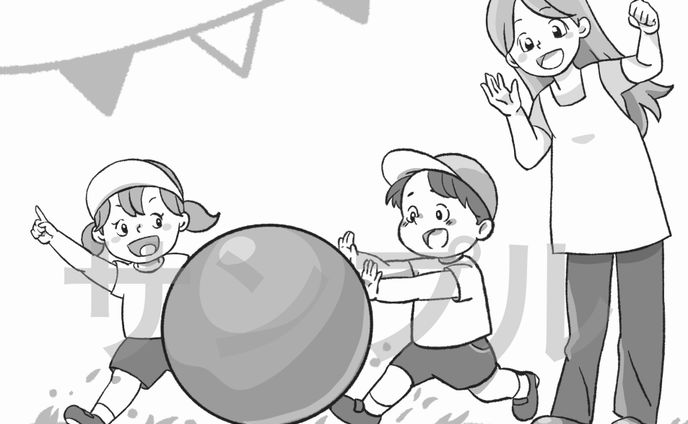 運動会、玉転がしのモノクロイラスト