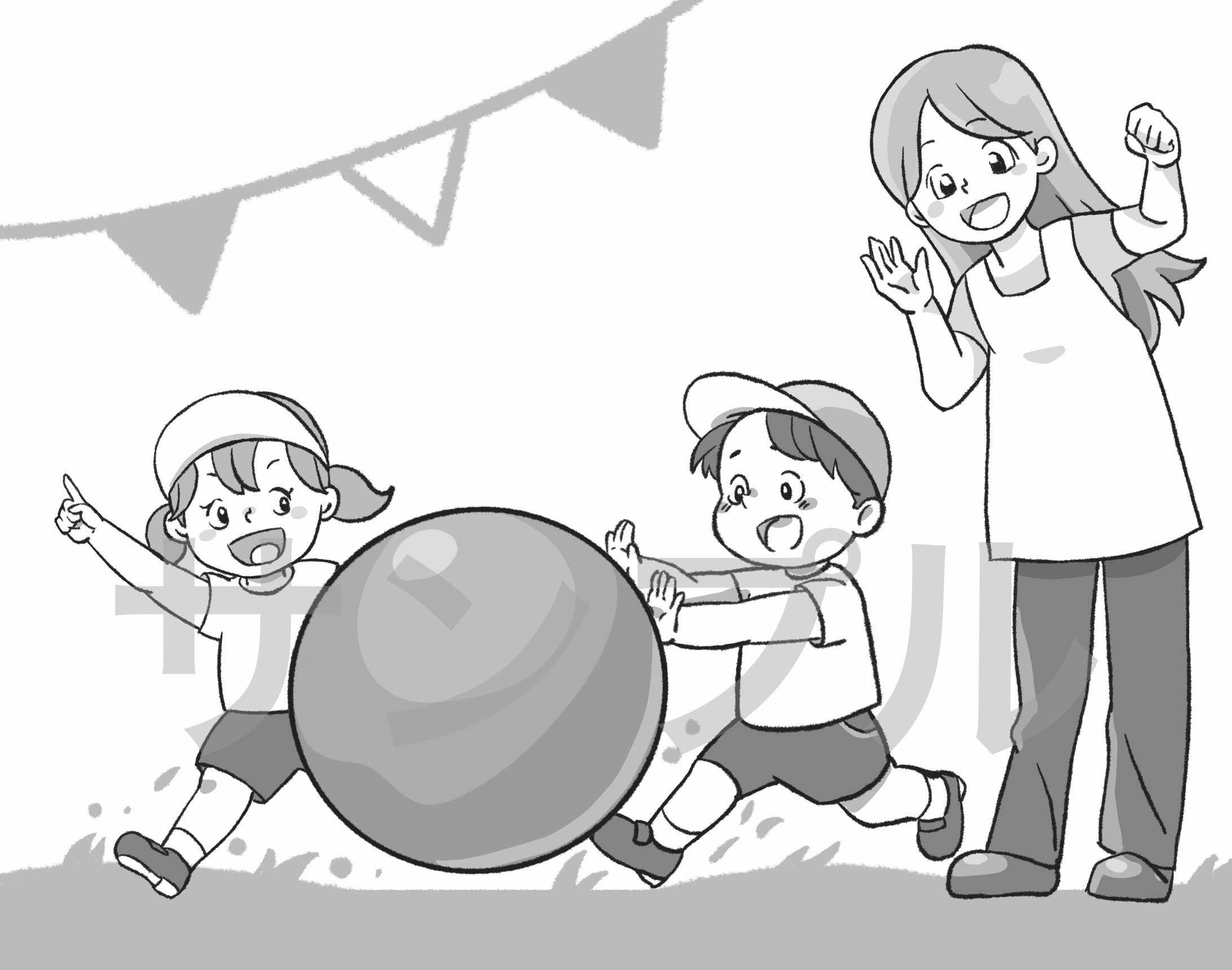 運動会、玉転がしのモノクロイラスト-1
