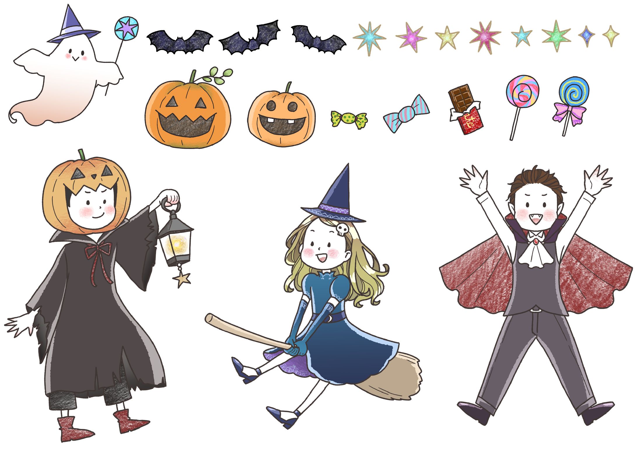 ハロウィンの子供たちと素材イラスト-1