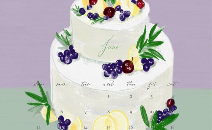 ・6月カレンダー

June Brideのウェディングケーキを
紫陽花カラーの背景と合わせました

実は2度目の投稿・・
日付を1日ずれて制作していました😨
再度！ストーリーズに待ち受けサイズを
流すので良かったら使ってください💐

#art
#drawing
#fresco
#calendar
#wedding
#cake
#june
#calligraphy
#junebride
#NFT
#metaverse 
#textiledesign 
#6月
#カレンダー
#ウェディング
#ケーキ
#ジューンブライド
#絵本 
#挿絵
#テキスタイル