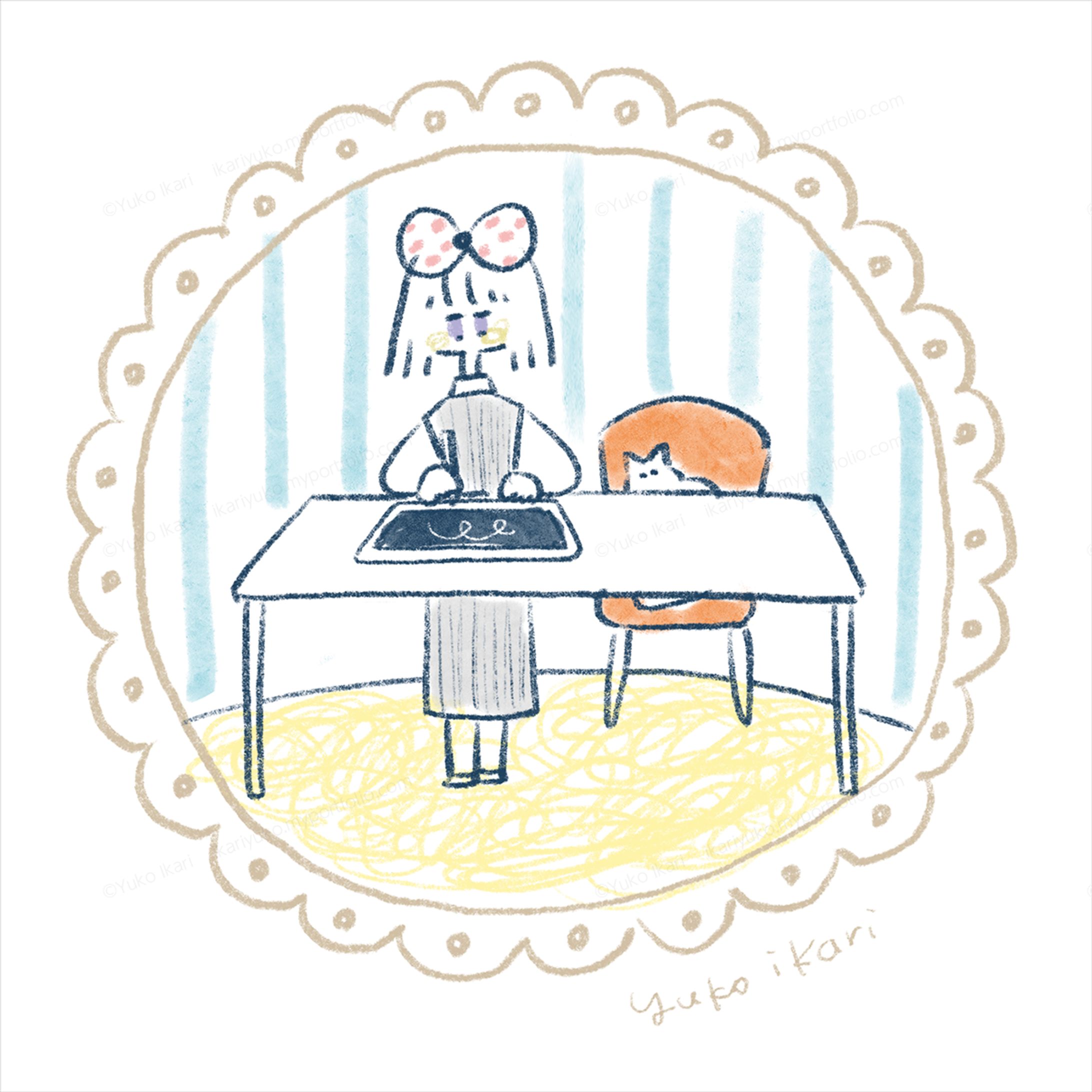 猫に椅子を取られて立って作業する人-1