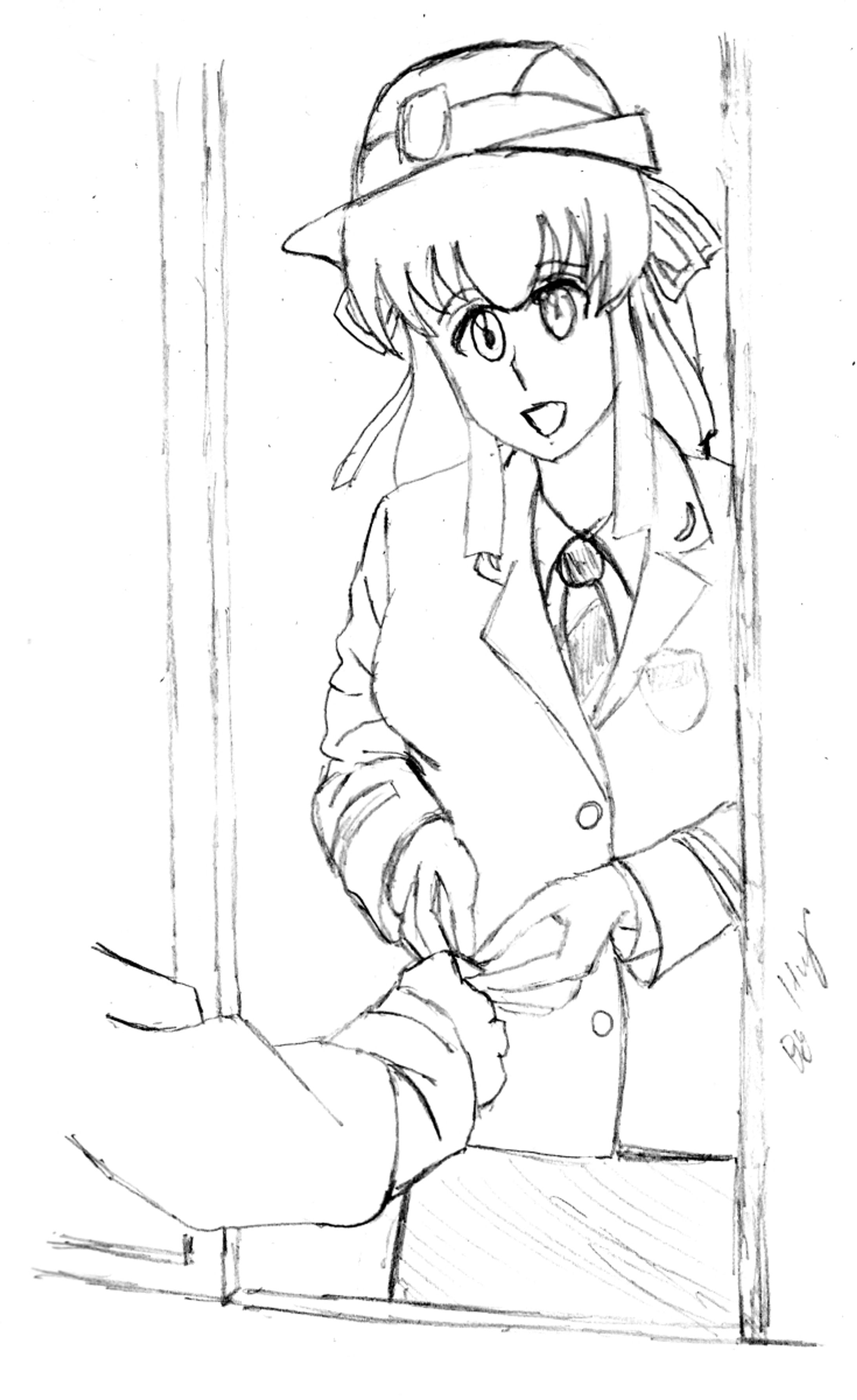 (Fanart)  (pencil drawing) Minagi as a train worker (gate check)-1