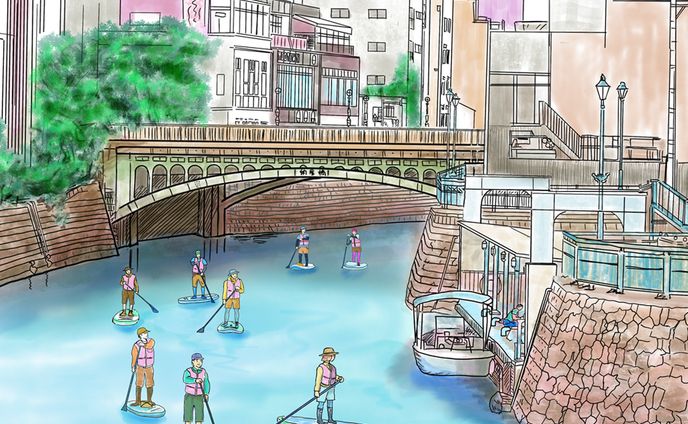 SUPで楽しむ堀川（納屋橋）
パンフレット用イラスト
2023,10月

#logotype #design #graphic design #nagoya #ロゴ #ロゴマーク #シンボルマーク #名古屋 #グラフィックデザイン #デザイン #pine-apple studio #p-studio, #イラストレーション, #illustration, #sup,#サップ