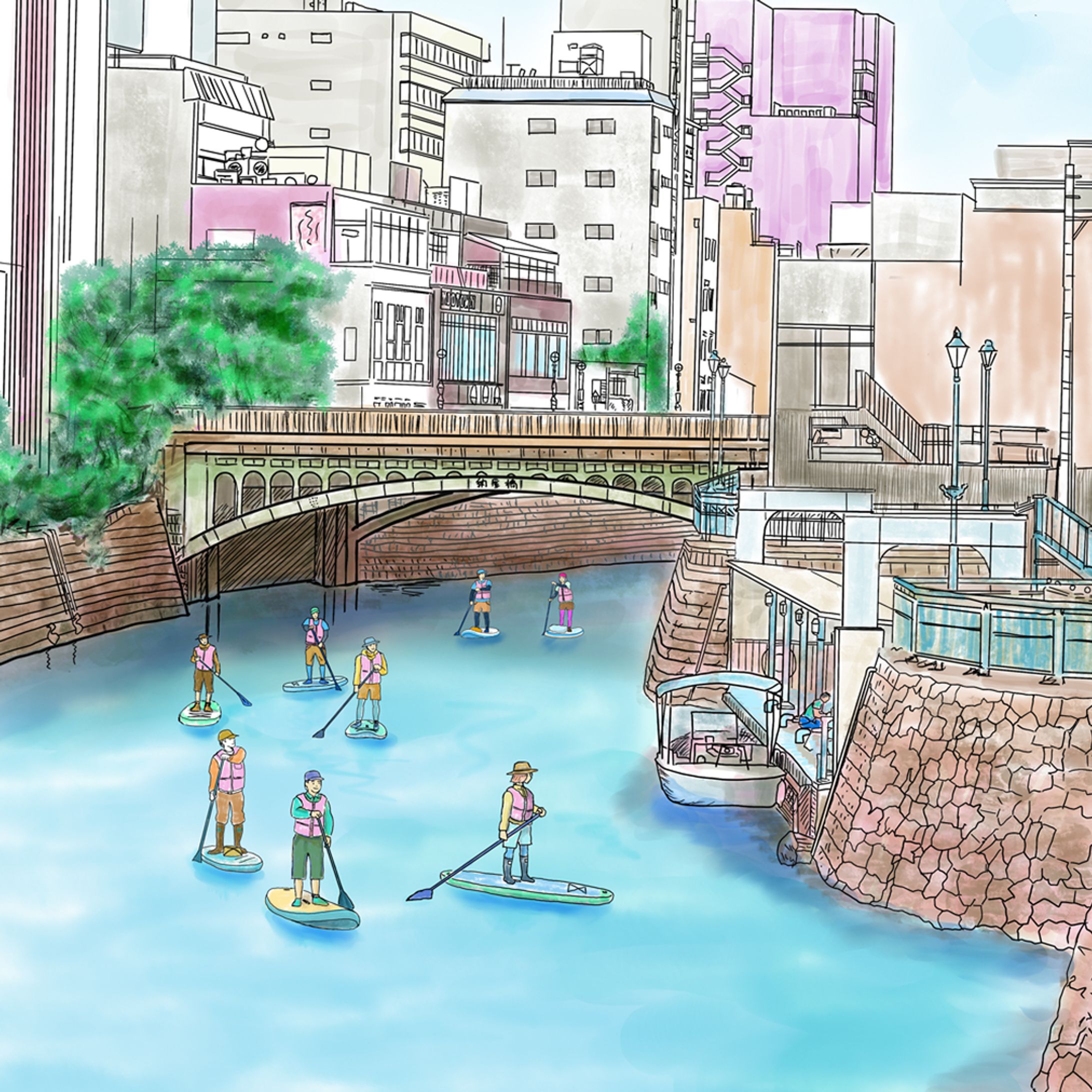 SUPで楽しむ堀川（納屋橋）
パンフレット用イラスト
2023,10月

#logotype #design #graphic design #nagoya #ロゴ #ロゴマーク #シンボルマーク #名古屋 #グラフィックデザイン #デザイン #pine-apple studio #p-studio, #イラストレーション, #illustration, #sup,#サップ-1