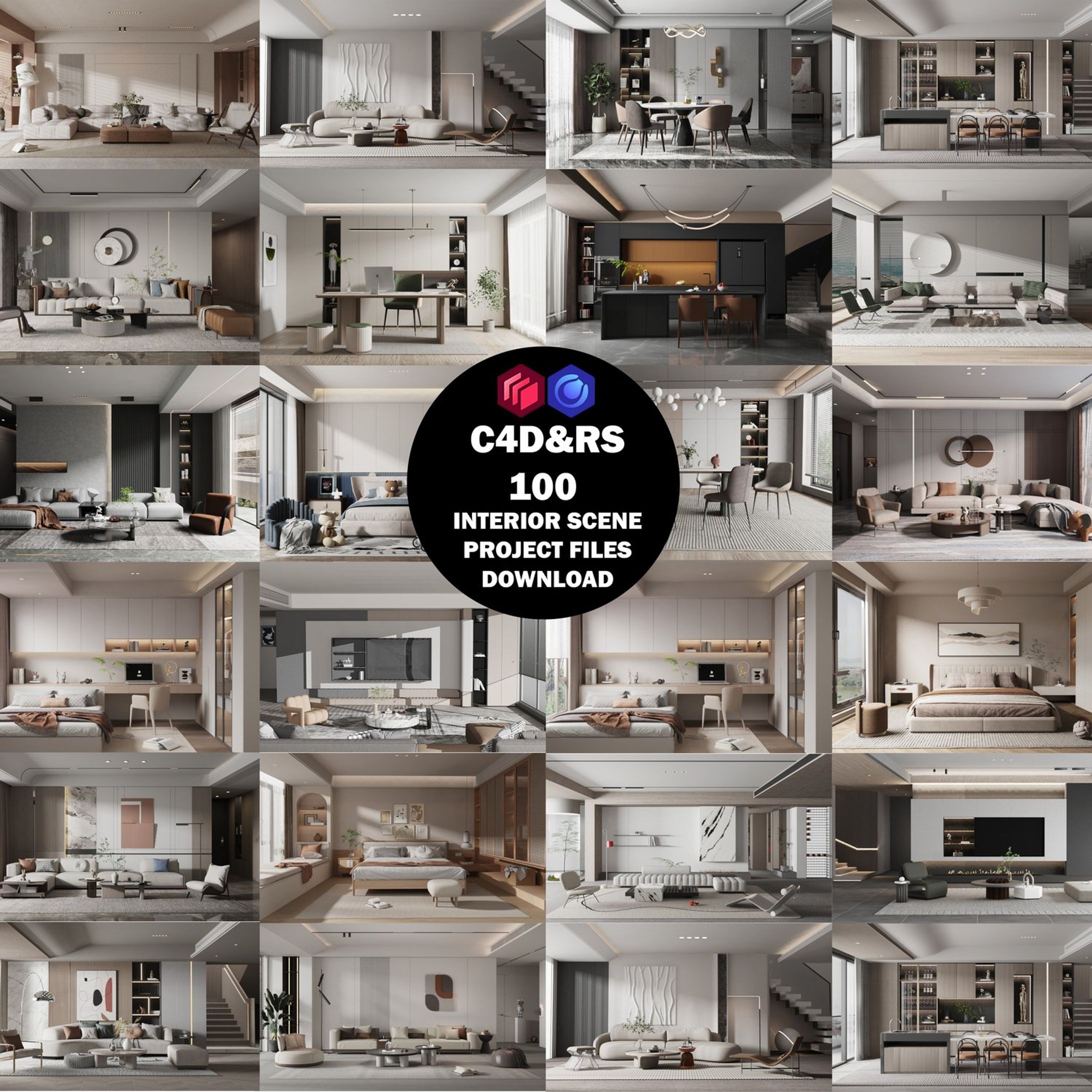 C4D & RS 100 Interior Scene project files Download - Ready to use-1