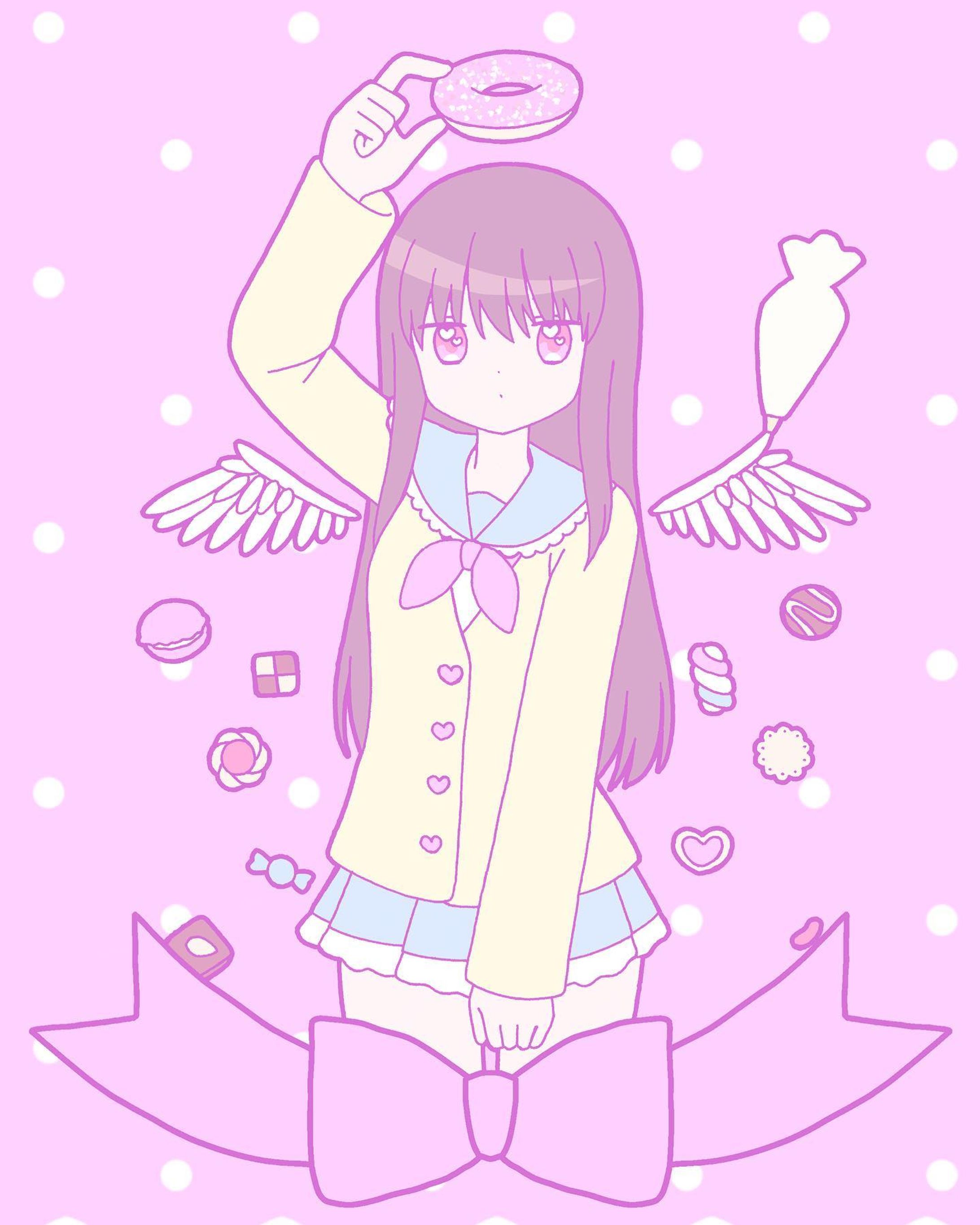 ドーナツの輪っかとホイップクリームの羽で天使になりきる女の子🍩👼🏻🍪
#お絵描き　#イラスト-1