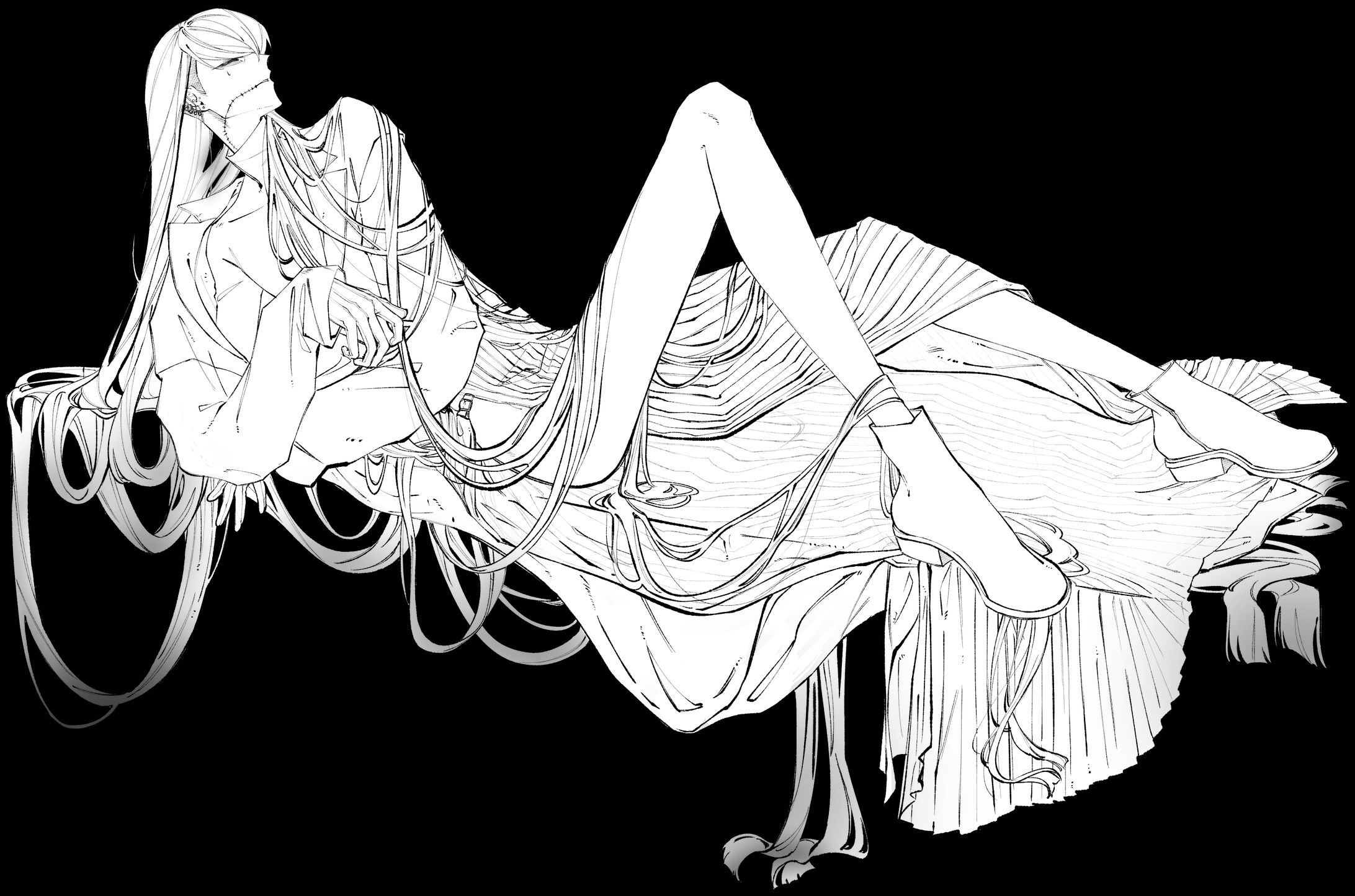 【線画】白い長髪の男性-1