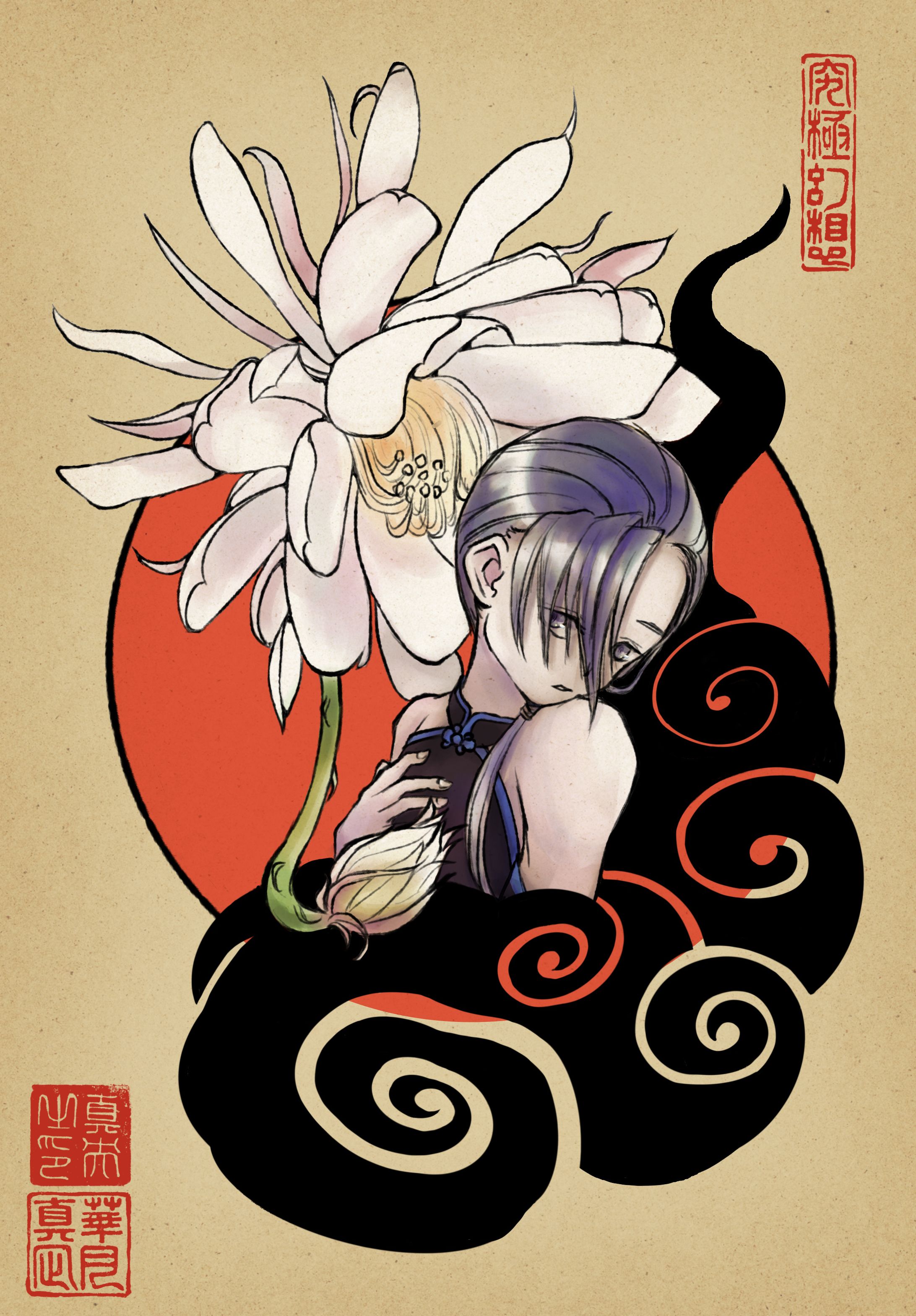 花の言霊「月下美人」（アナログ着彩）-1