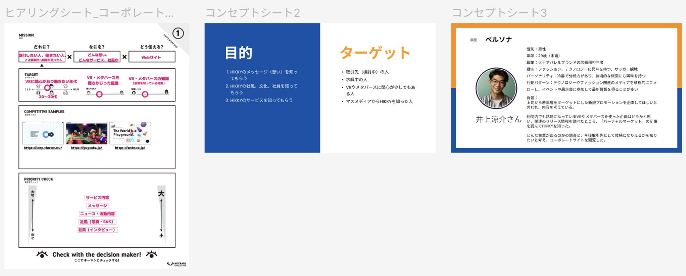 コンセプトシートで担当者のヒアリング内容を可視化、それに基づいてペルソナ設定資料を作成。toBのユーザーを想定した方向性で進行。