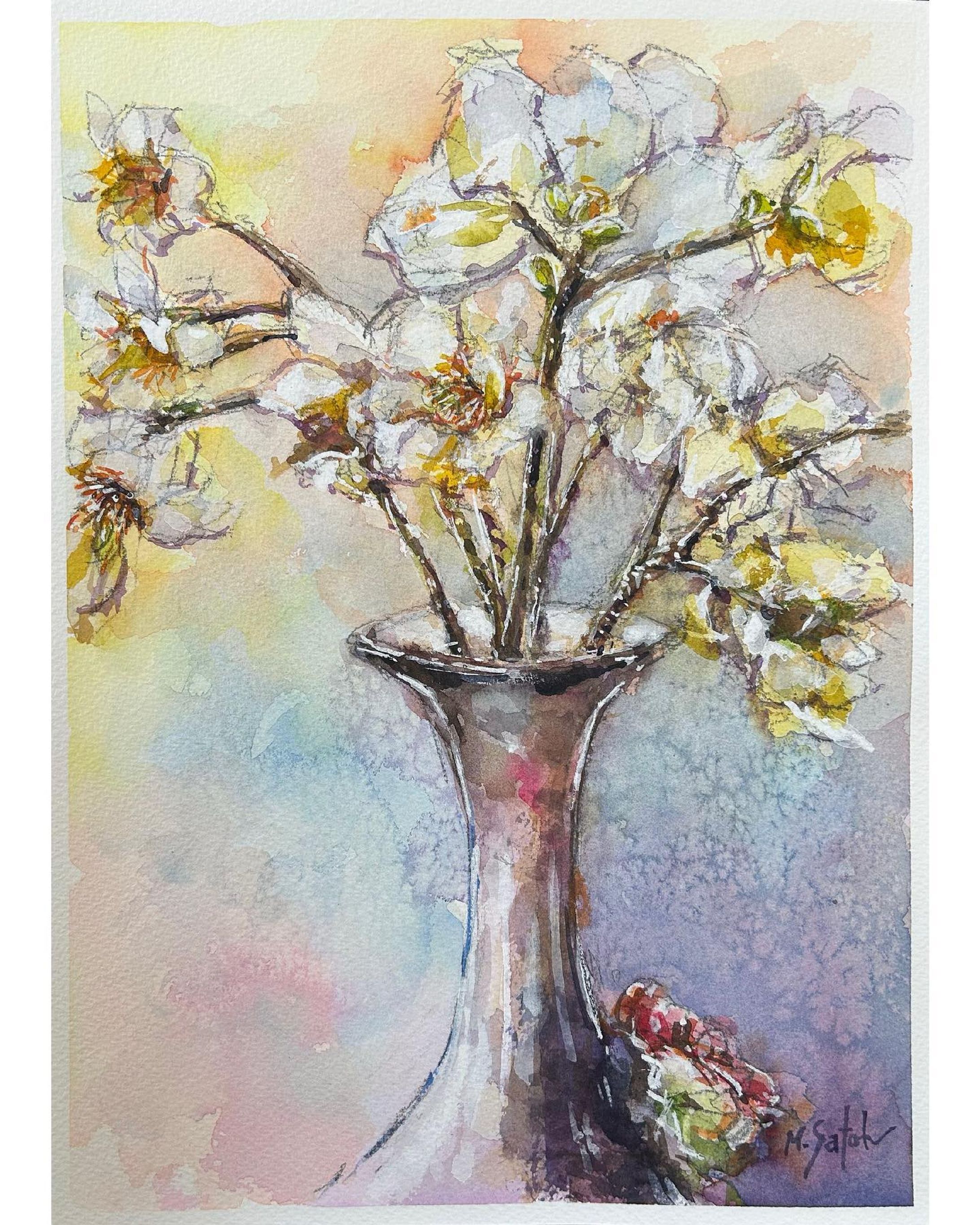 「こぶしの花」
透明水彩　ウォーターフォード　F4

#透明水彩 #透明水彩画 #水彩画 #静物画 #花の絵 #こぶし #こぶしの花 #コブシ #コブシの花 #絵画 #watercolor #watercolorpainting #stilllife #flowers #flowerpainting #art #fistflower-1