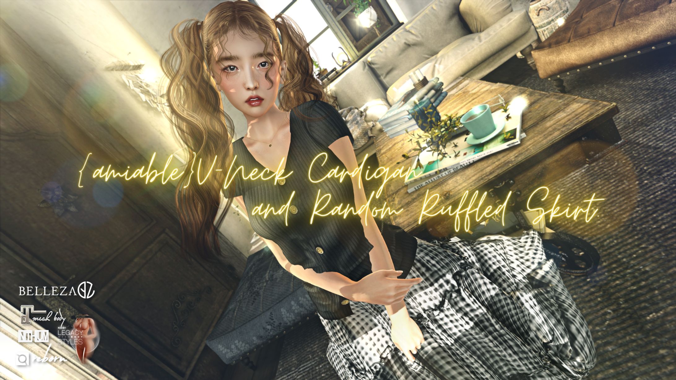 {amiable}V-Neck Cardigan & Random Ruffled Skirt@the Mainstore.-1
