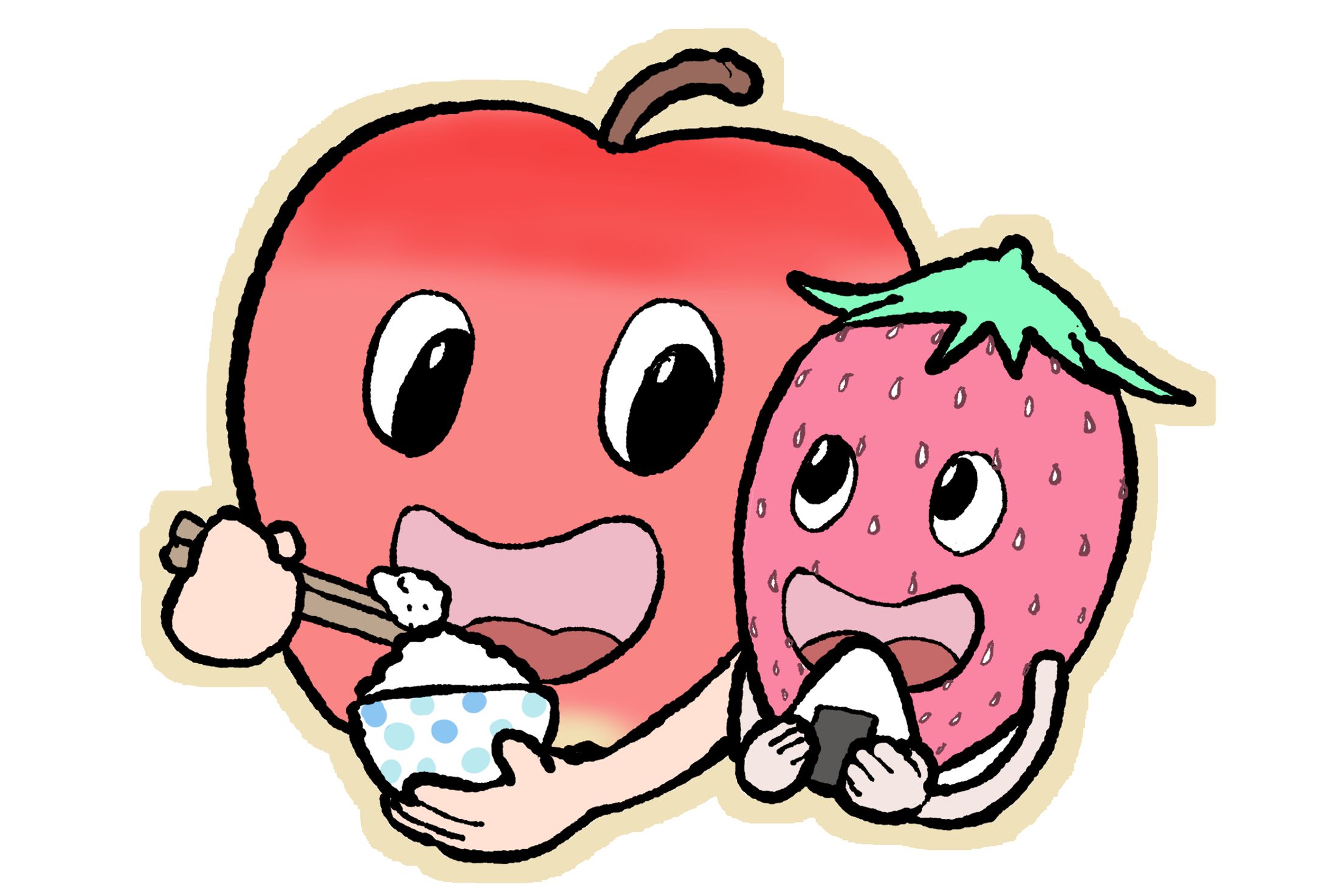 【ポップなイラスト】ごはんを食べるりんごといちご-1