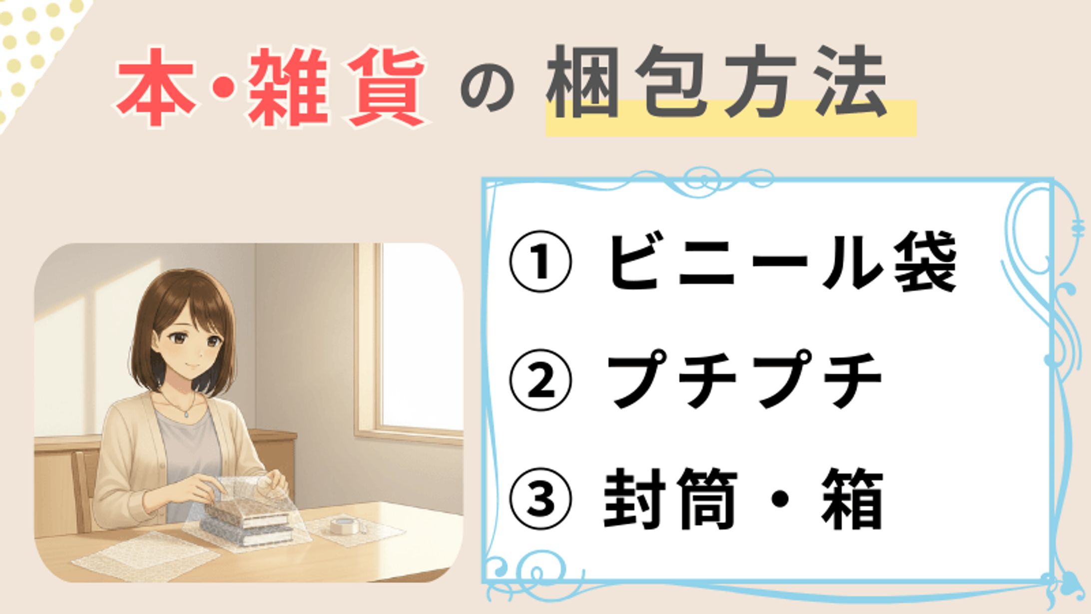 メルカリ本・雑貨の梱包方法　ビニール袋・プチプチ・封筒箱｜図解画像-1