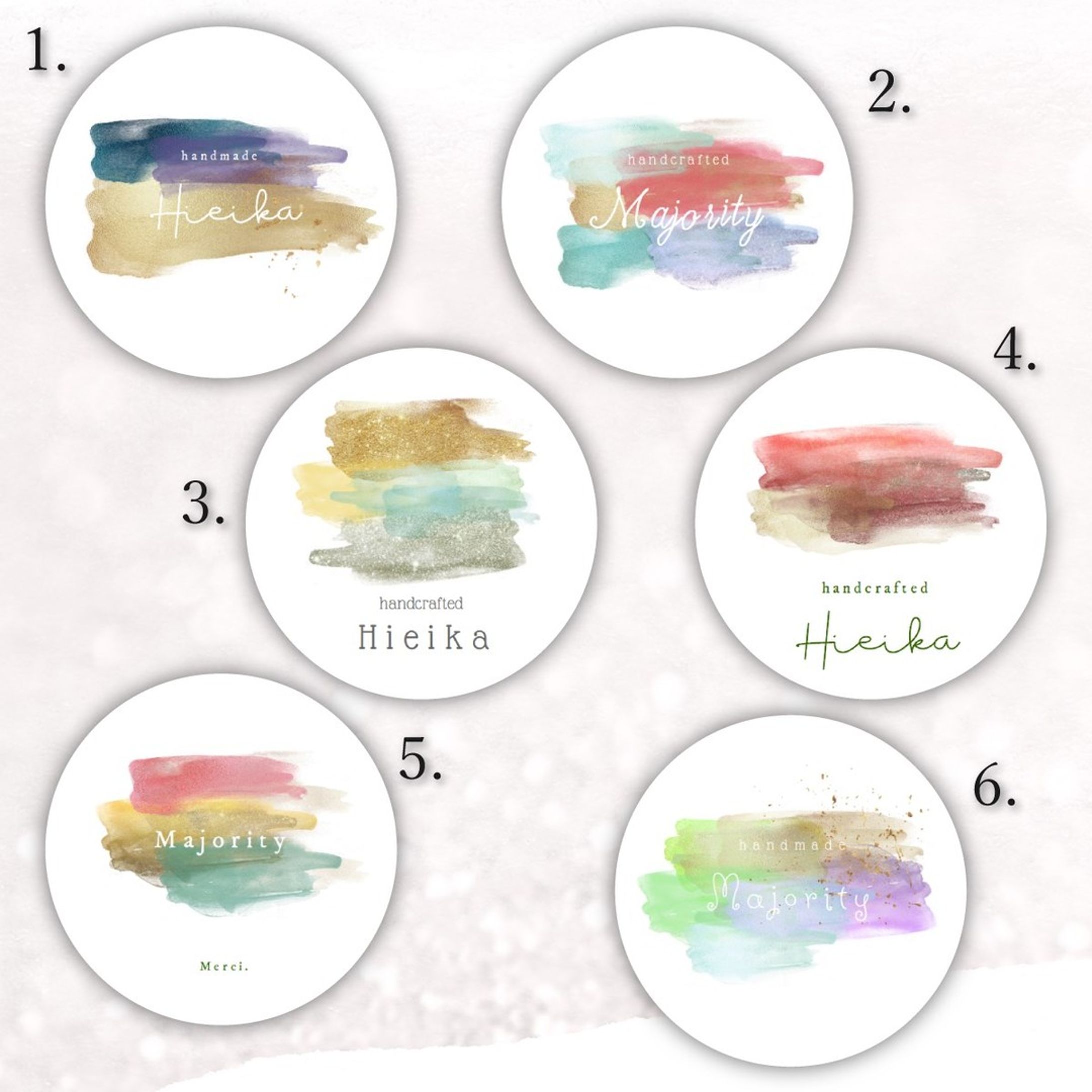 【＃33】：
32番シリーズと同系統のライン。こちらはラメ感は控えめですが、カードでも縦型のシールでもすでに大人気のモチーフです。
ライン上に文字を置いてもかわいいし、ラインを全体のメインに見せて小さくショップ名を添えてもエレガント。オーダー初心者の方にも扱いやすくて、小洒落たテイストにまとめやすいシリーズです♪

◆◆【メルカリは8月27日頃までお休み中。ご予約のみ可能です】◆◆
↓↓↓
今すぐのご注文はminne・Creemaをご利用ください。プロフィール欄から飛べます。
【インスタ内で商品仕様やお値段を1から全部ご説明するお取引き】は承っておりません。
ご希望でしたらピンポイントで特定の商品用URLもお伝えできますので、必ず商品説明をご一読くださいませ。

----------﻿

直径は4cm。シールで一番人気の「ツヤあり丸型ショップシール」。﻿
商品箱の仕上げやサンキューシールにはもちろん、ノベルティにも。
﻿

※48枚：999円　から﻿

同じシリーズは﻿
#響のツヤ丸シール
﻿
---------------﻿
全商品は﻿
#hikarino_hibiki﻿
﻿
#アクセサリー台紙﻿
#ピアス台紙﻿
#ネイルチップ﻿
#ハンドメイドピアス﻿
#ハンドメイド ﻿
#ハンドメイドアクセサリー﻿
#名刺﻿
#名刺デザイン﻿
#名刺作成﻿
#アクセサリー﻿
#シールデザイン
#minneで販売中﻿
#メルカリ出品中﻿
#ショップカード﻿
#ショップシール﻿
#サンキューカード﻿
#サンキューシール﻿
#名刺オーダー﻿
#レジンピアス﻿
#レジンアクセサリー﻿
#天然石アクセサリー﻿
#お家サロン﻿
#隠れ家サロン﻿
#まつエクサロン﻿
#ハンドメイド好きさんと繋がりたい﻿
#ハンドメイド部﻿
#ハンドメイド作家-1