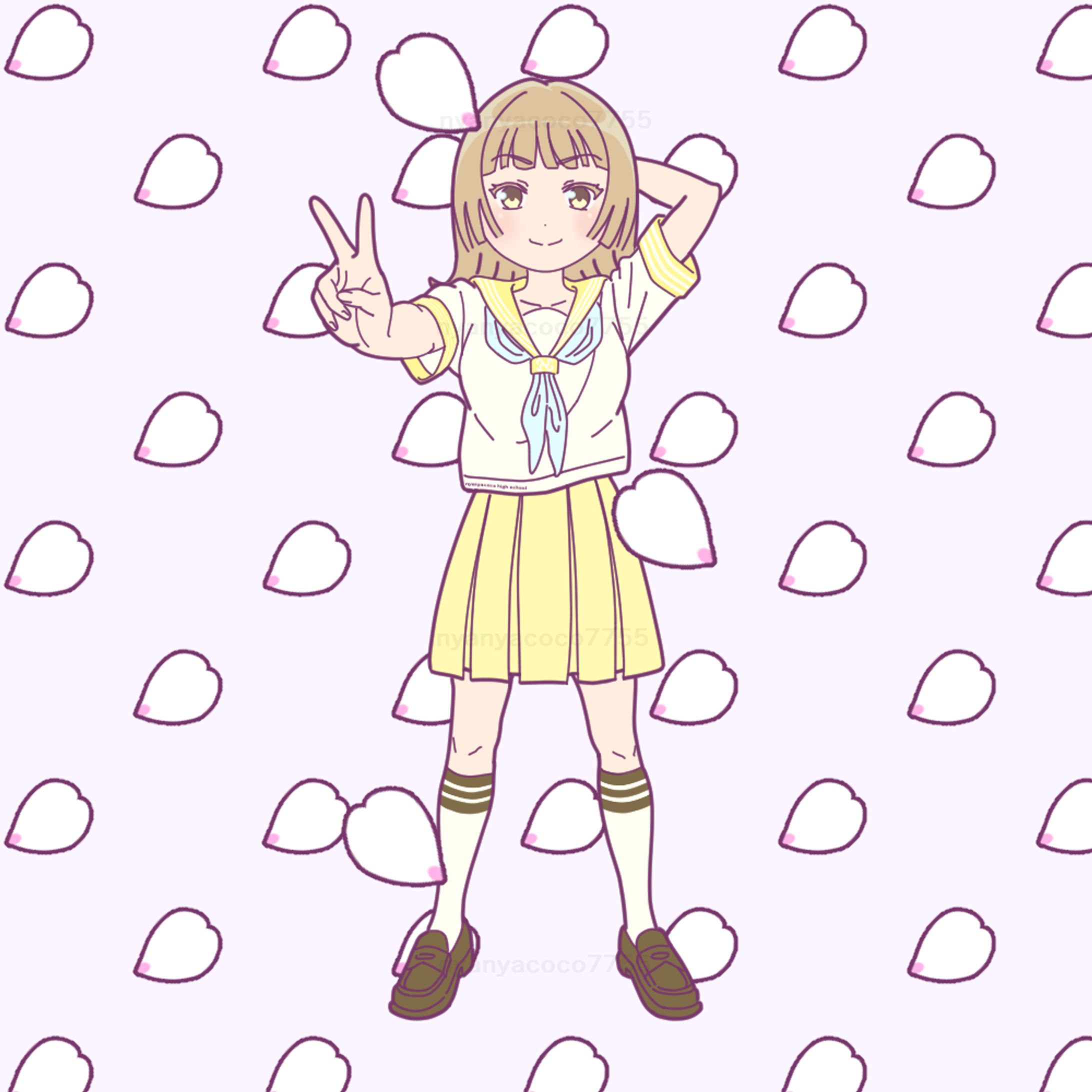 片手で頭を抱えながらピースをする少女 全身-1