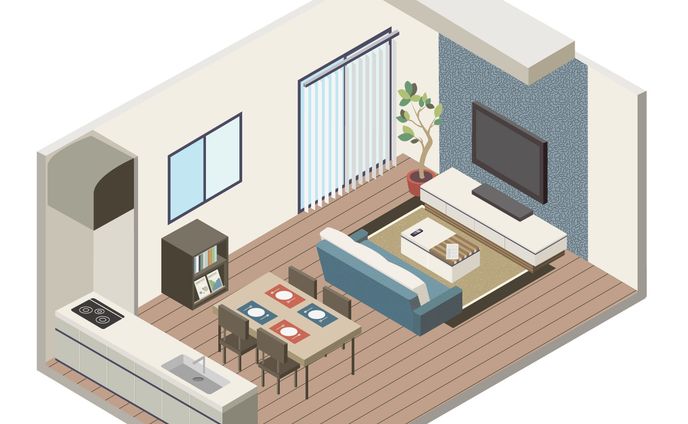 リビングダイニングのアイソメトリックのイラスト