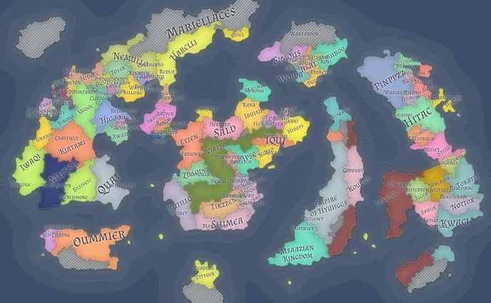 398.20230112：泰市の回：おんせんすき｜https://note.com/mk0war888/n/n373e1ae26eaa
バースセイバー711号室記録帳BBSにて毎晩連載中の #小説 を　#note　マガジン「711号室」にて公開しています。スキ・フォロ・シェアしてくださると、うちのこがランダムでお礼を申しますので是非♡ 
#ごりごりごりっと芯減らし訓練  は、パソコンの壁紙用に環を持つ土塊の星の地図を調整しました。国名だけ表示して都市名を非表示にする方法が分からなかったので、幾つかの国の色を変えて国名を斜めにしました。はい君の祖国のタングールの広さ（脳筋振り）をよく分かるようにしたかったんだなどと供述しており。
#FantasyMapGenerator
#一次創作  #digitalillustration #originalcharacter　#ARTISUL  #clipstudiopaintpro