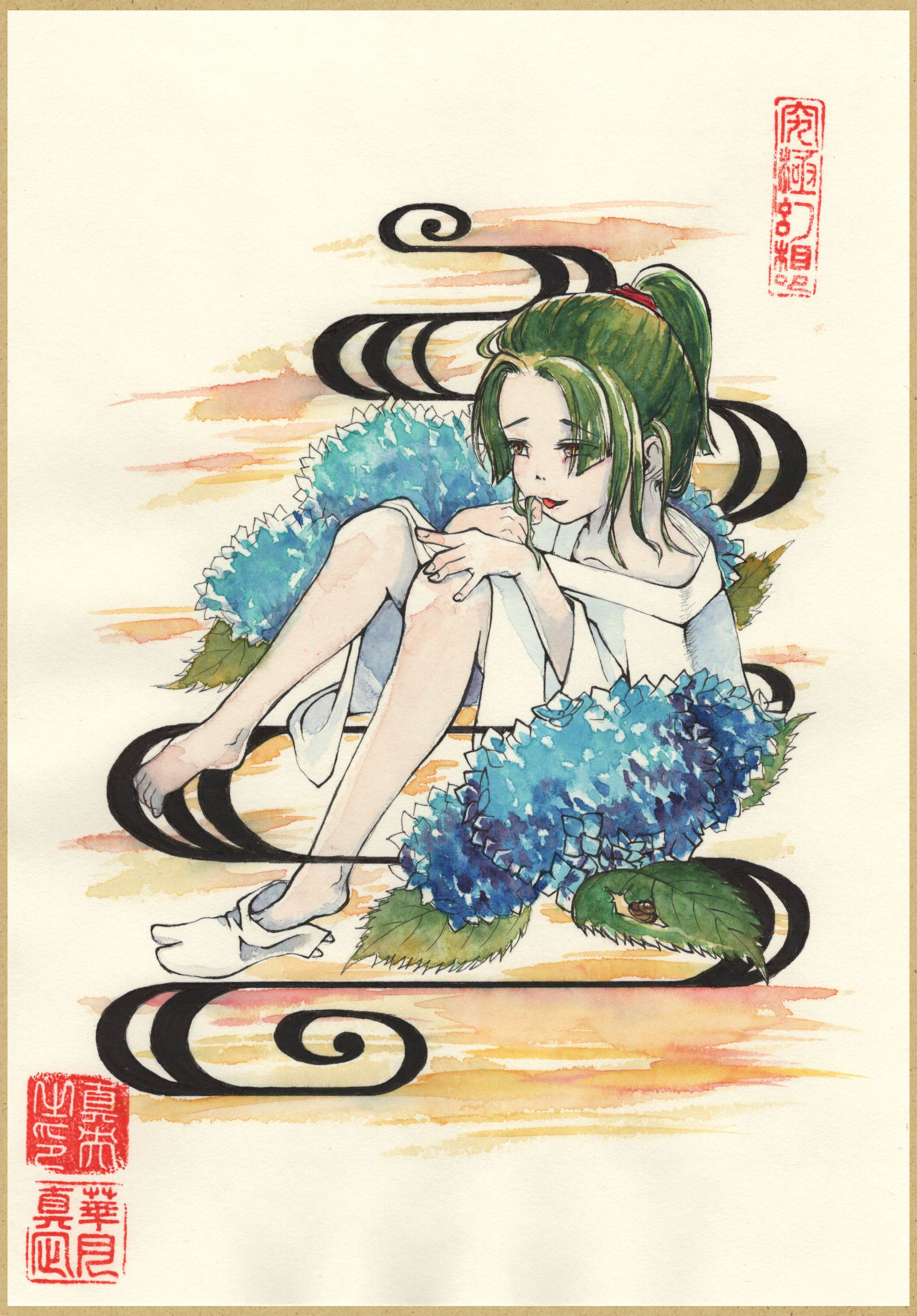花の言霊「紫陽花」（アナログ着彩）-1