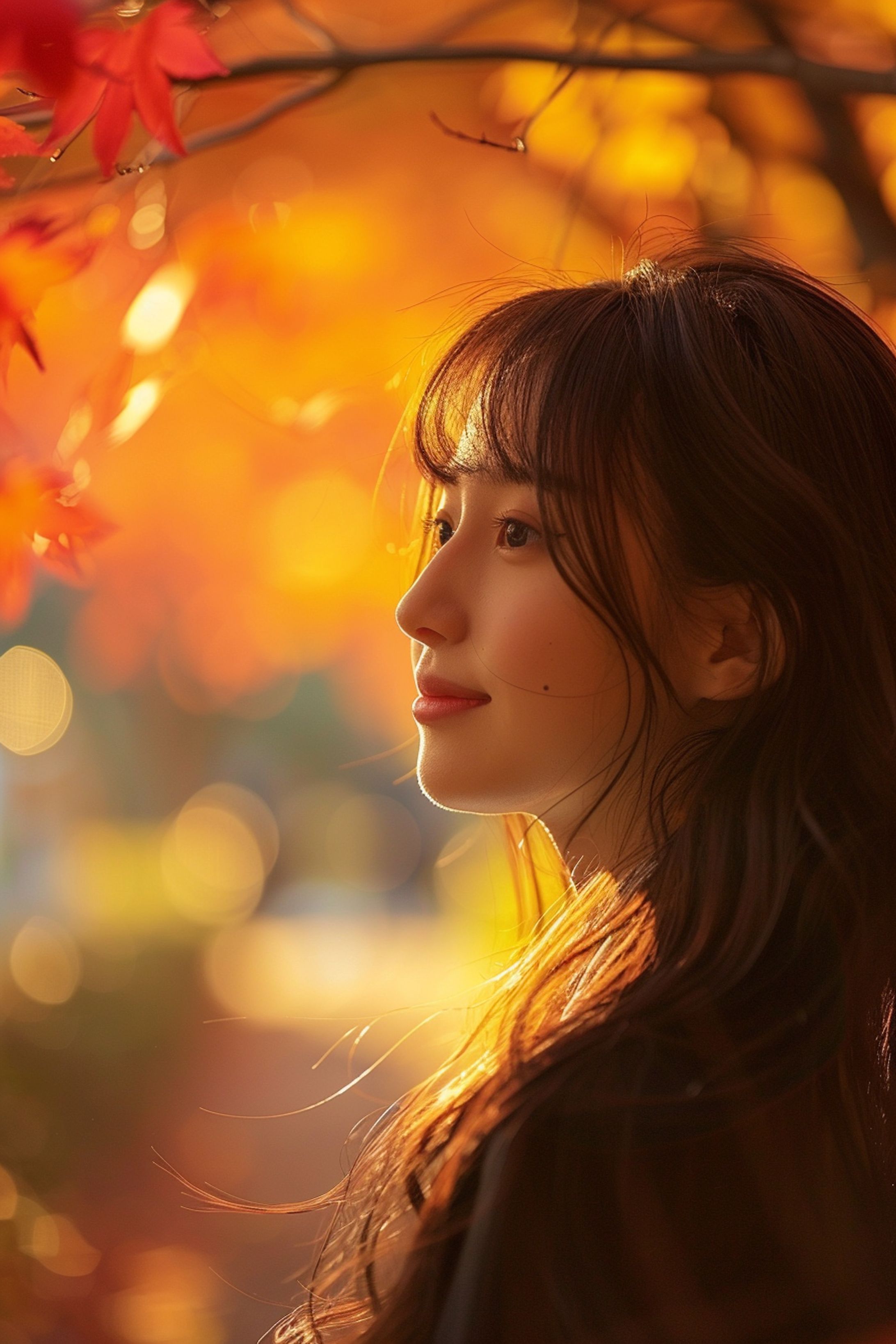 ロングヘアの日本人女性（秋）横顔-1