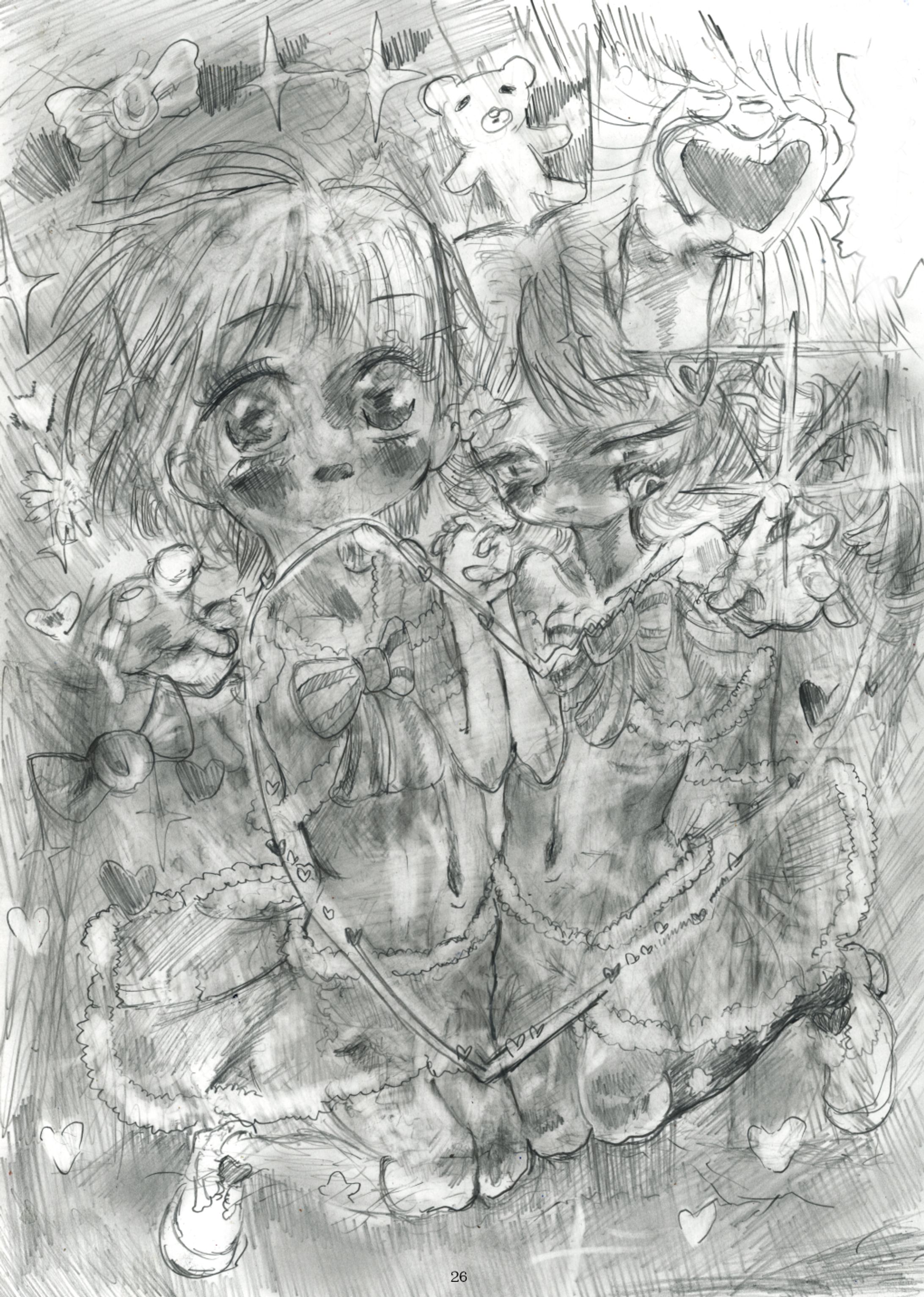 二人の女の子　鉛筆画-1