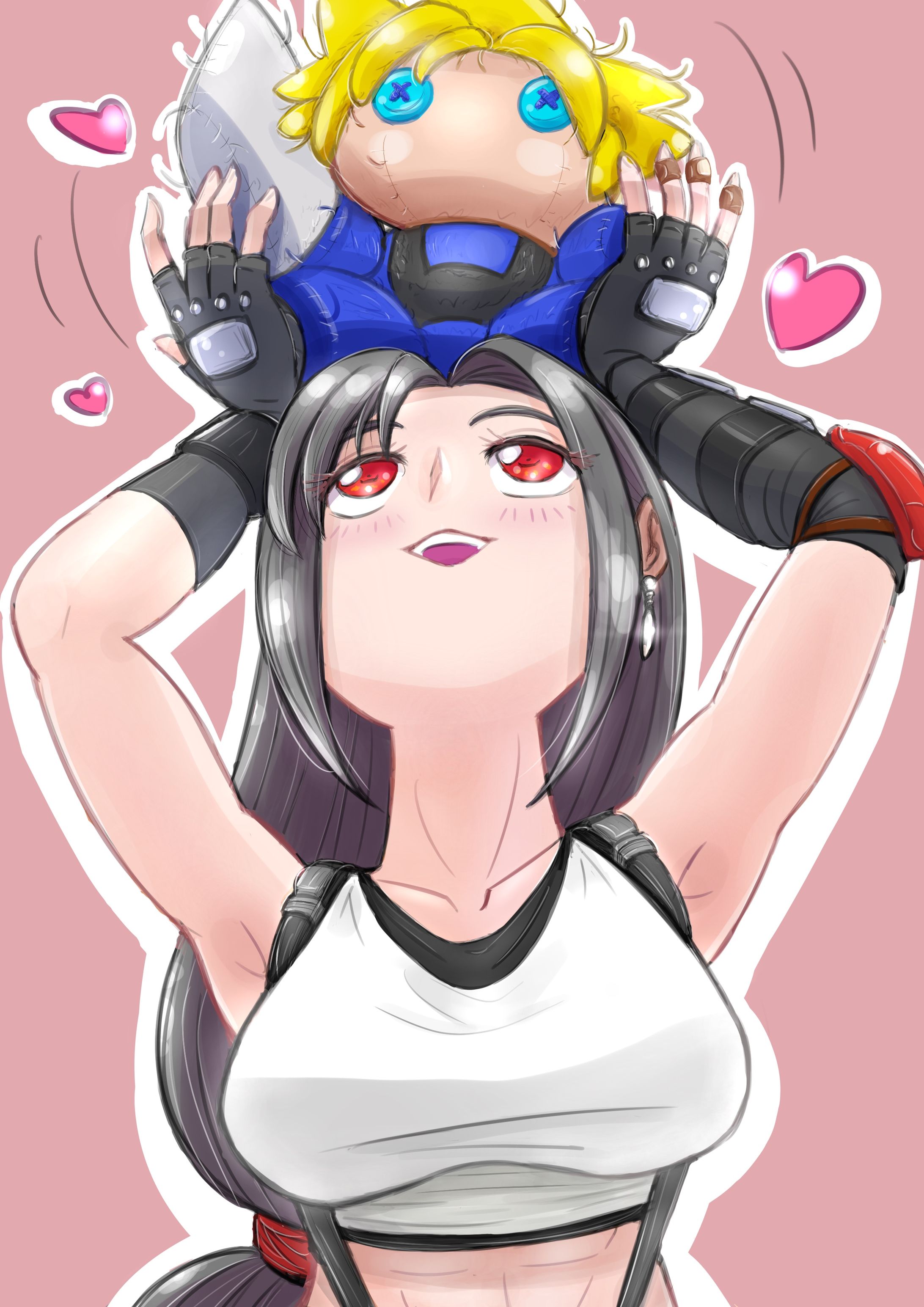Tifa playing with a Cloud plush toy-1
