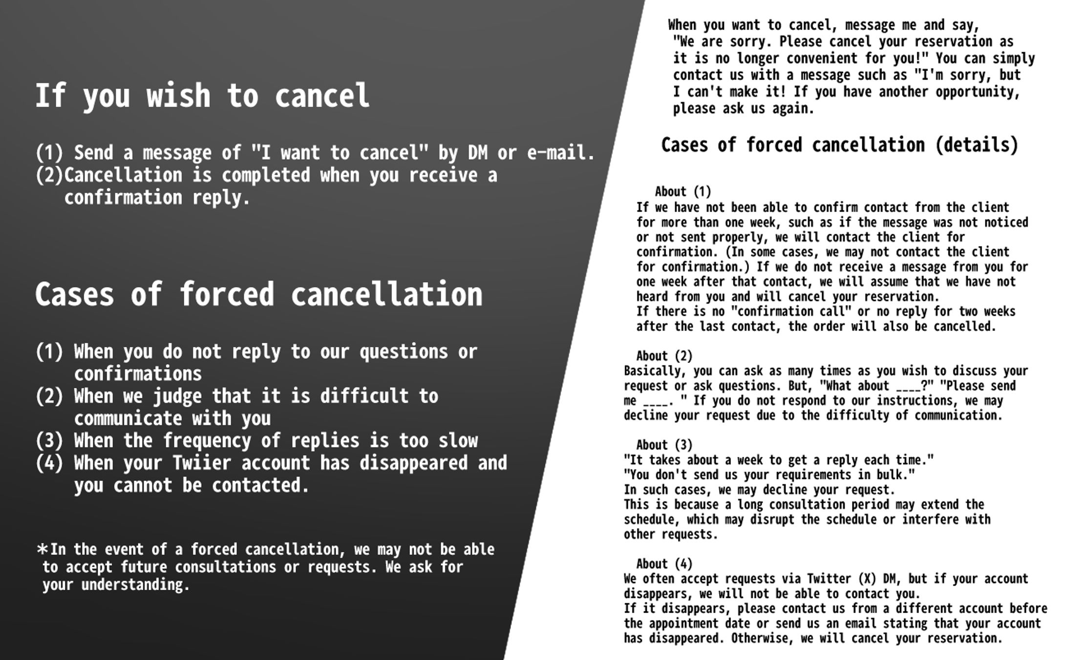 ご依頼のキャンセルについて Cancellation Policy