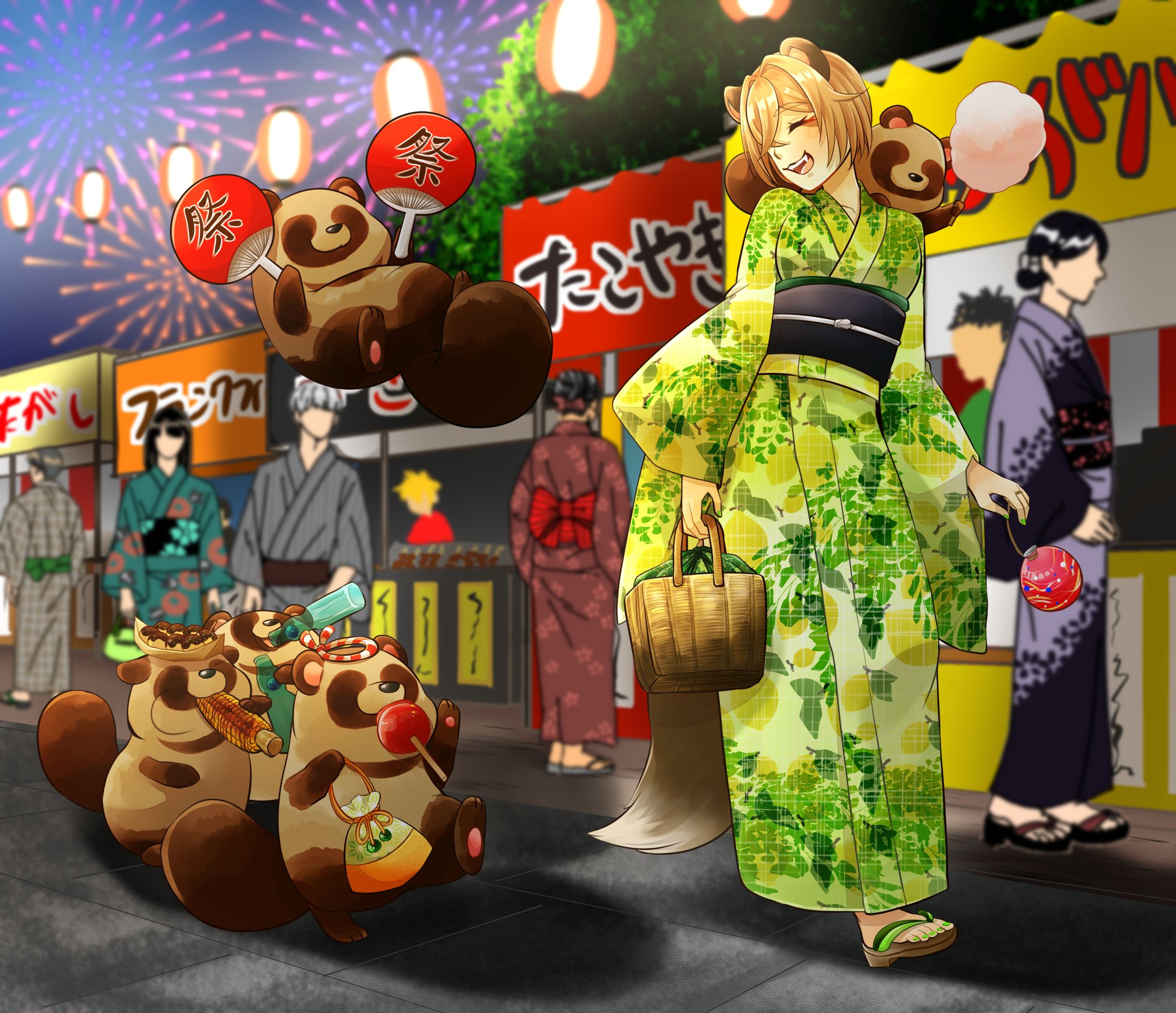 分福たぬ　夏祭り一枚絵-1