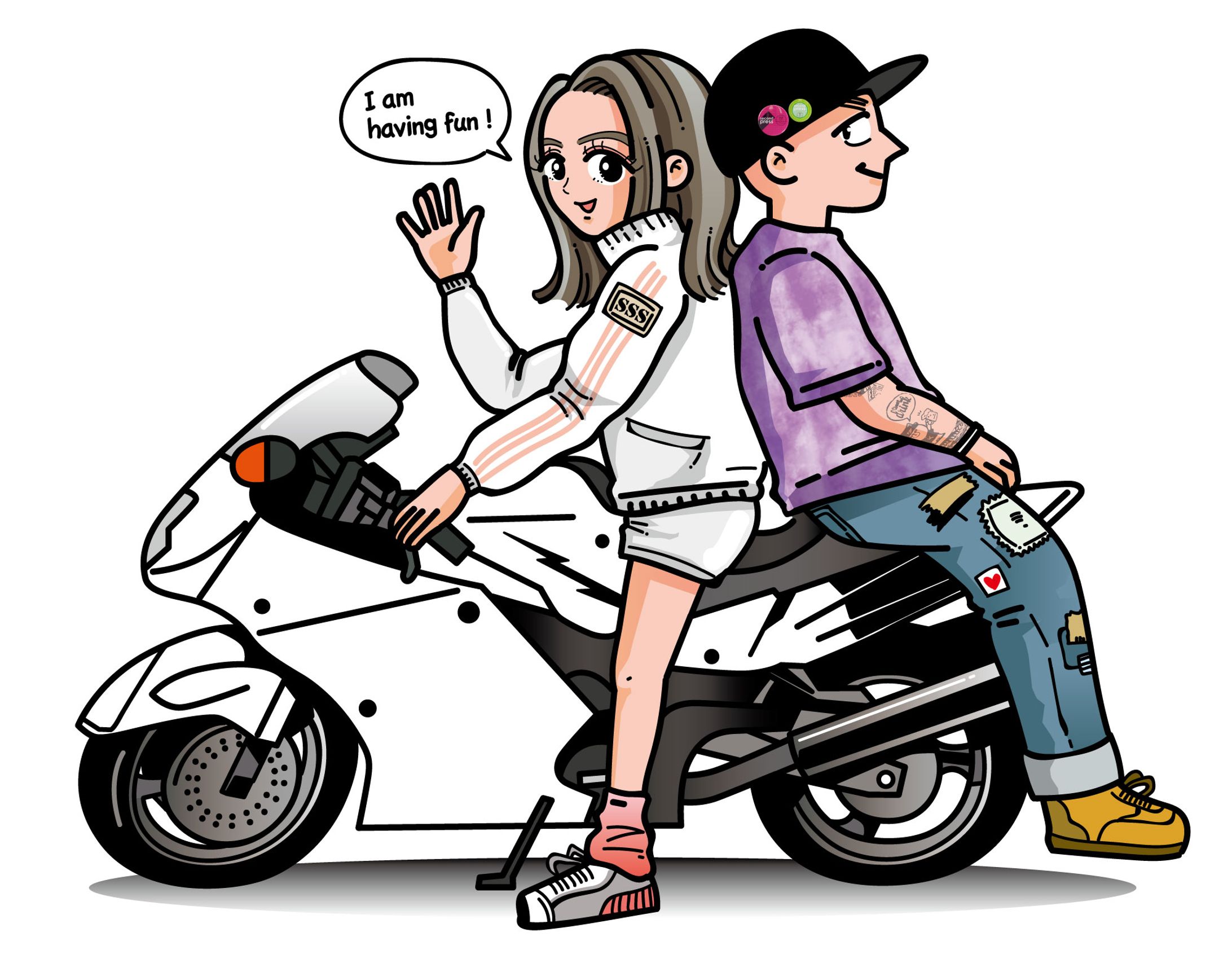 ステッカーバイクに乗る2人-1